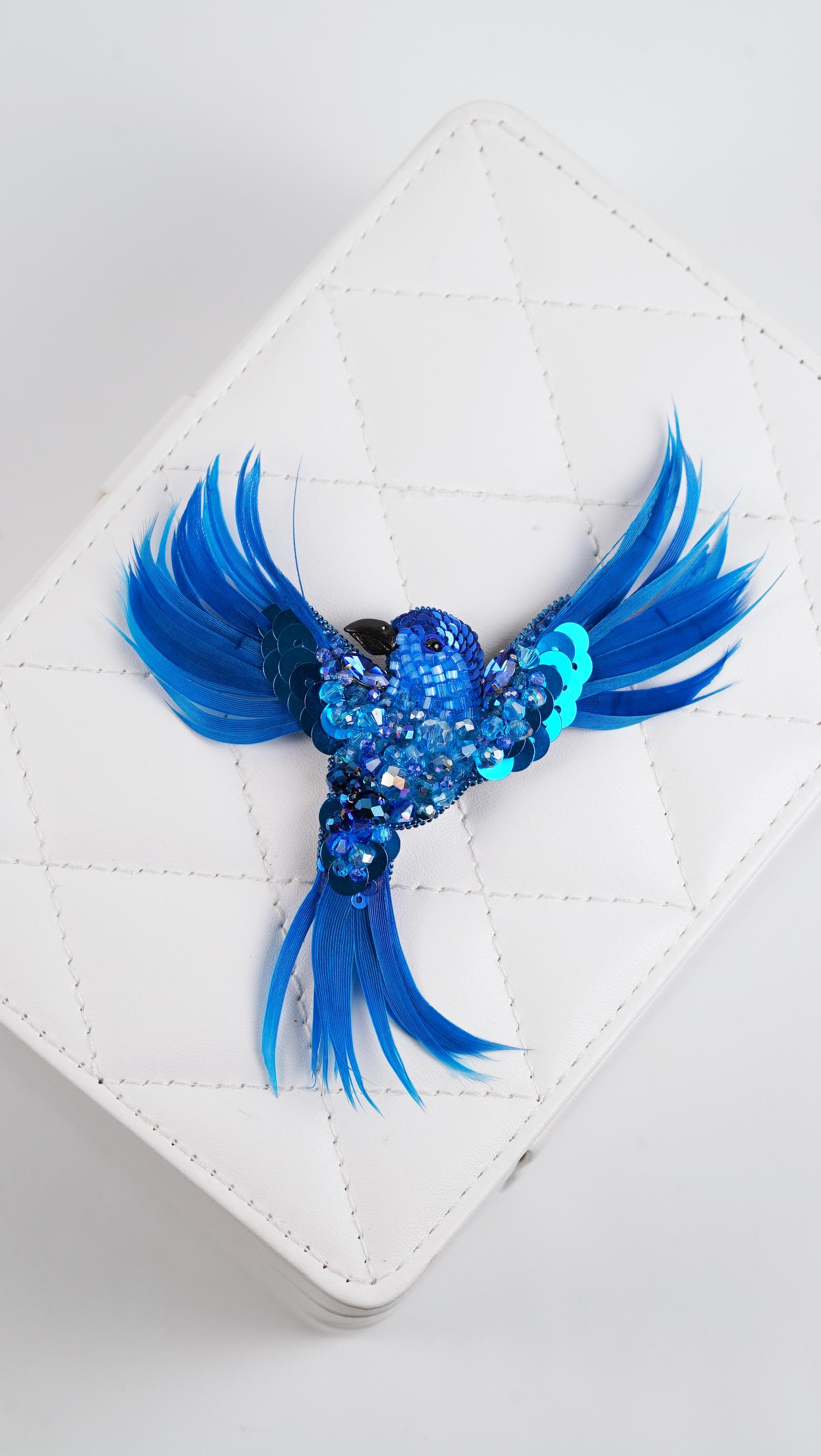 Aqua Blue Aurora Bird Brooch – Handmade Beaded Statement Pin with Feathers and Crystals