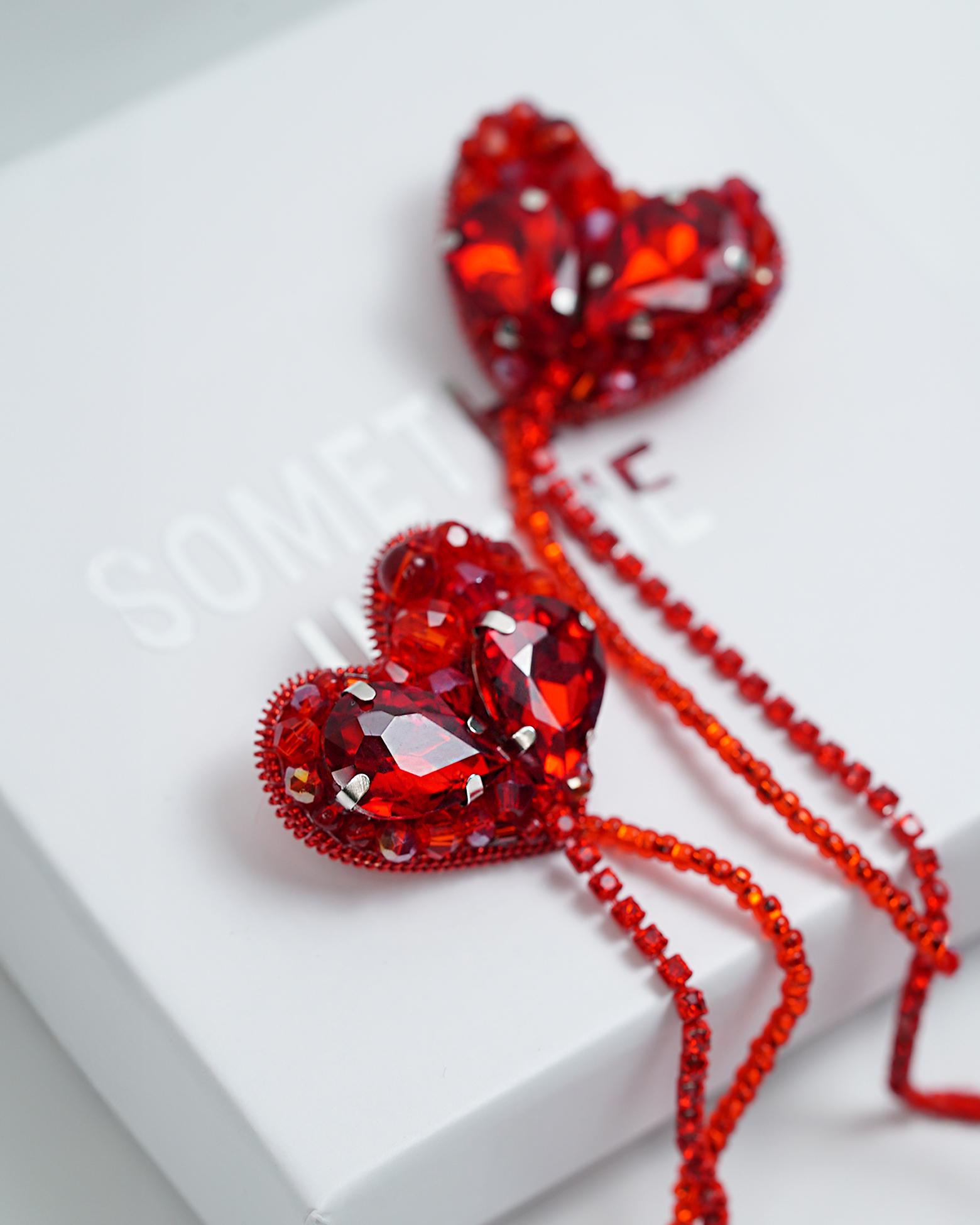 Two Hearts Connected Handmade beaded collar brooch with rhinestone chains and crystal beads - Red color - Thumbnail 5