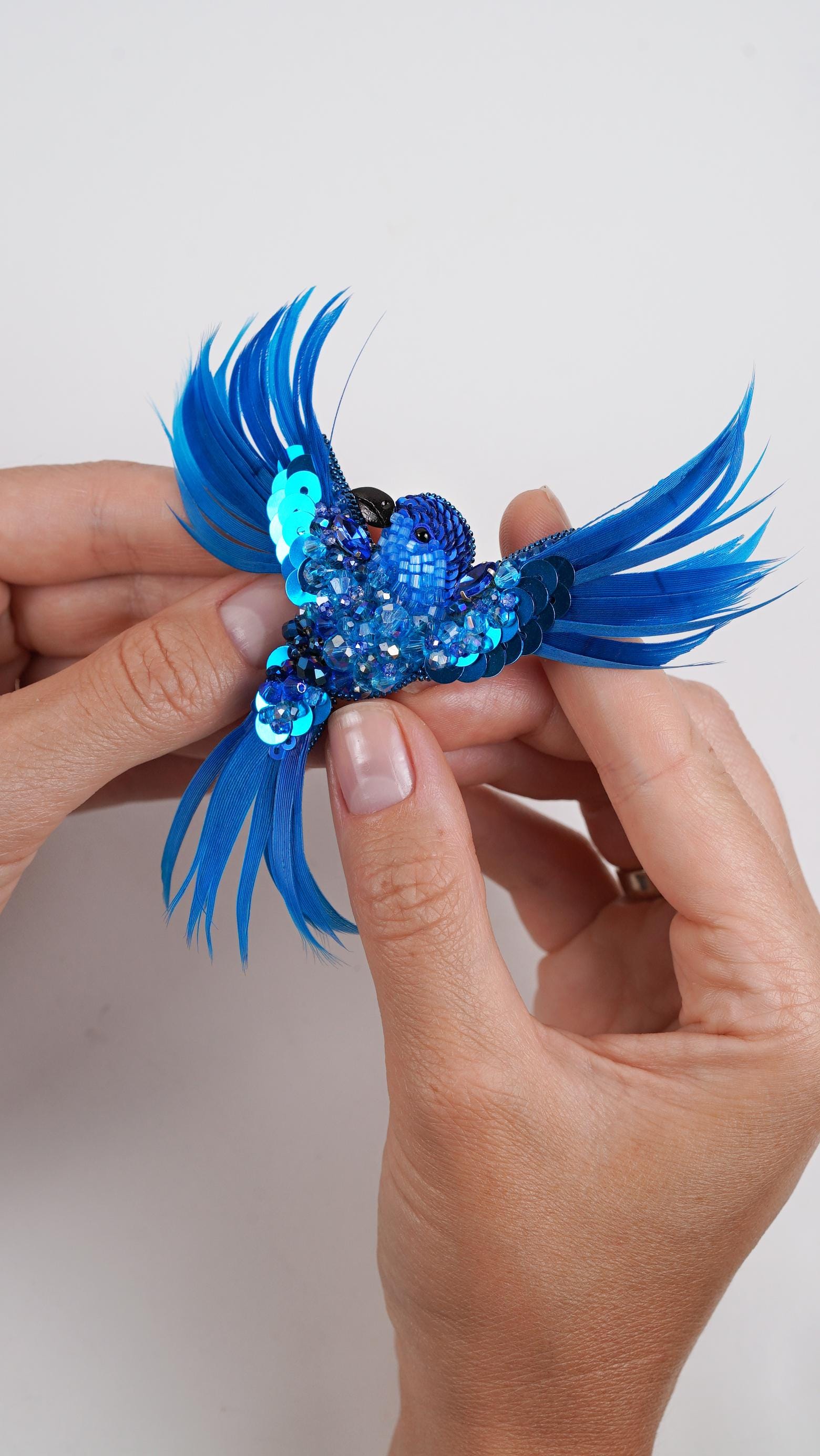 Aqua Blue Aurora Bird Brooch – Handmade Beaded Statement Pin with Feathers and Crystals - Thumbnail 4