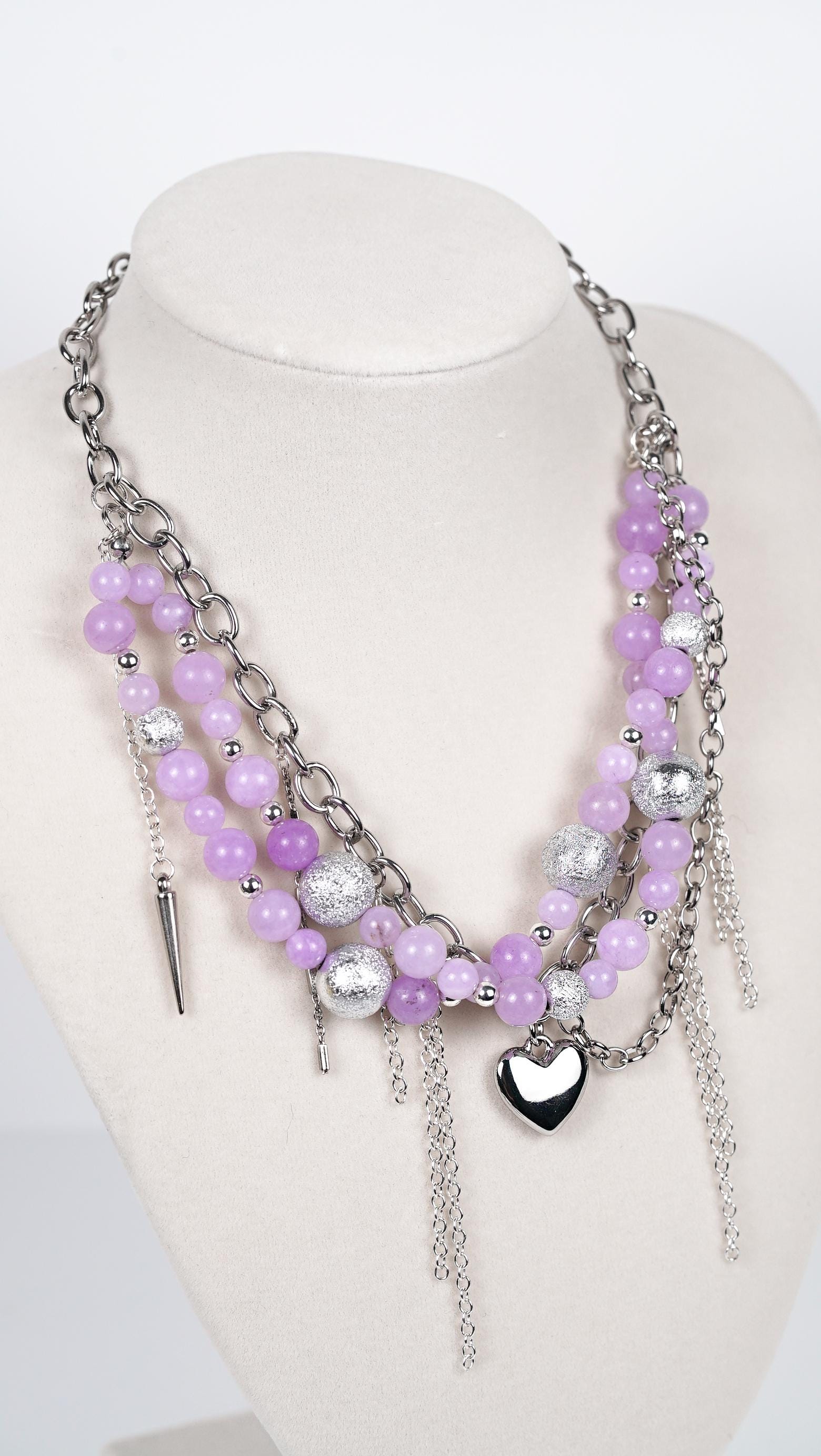 Lavender Rebel Necklace – Chunky Beaded Statement Necklace with Silver Chains, Heart Charm & Edgy Details | Handmade Unique Jewelry