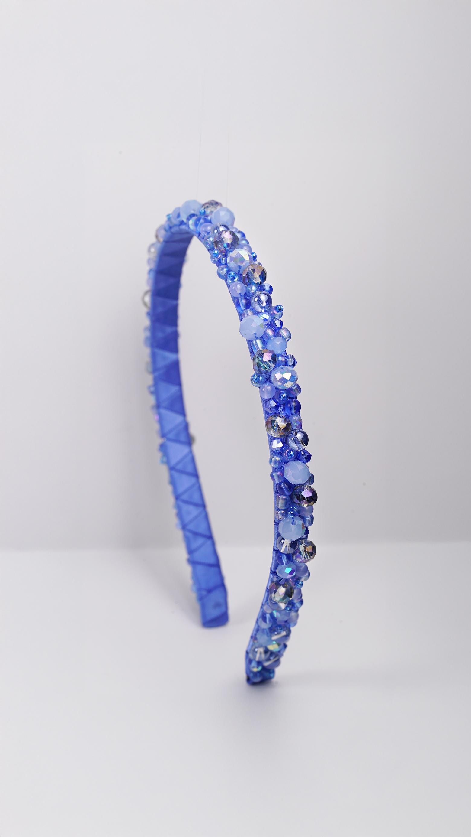 Sky Blue Beaded Headband – Handmade Satin Wrapped Crystal Headband, Sparkly Hair Accessory, Blue Beaded Hairband, Unique Gift for Her - Thumbnail 2