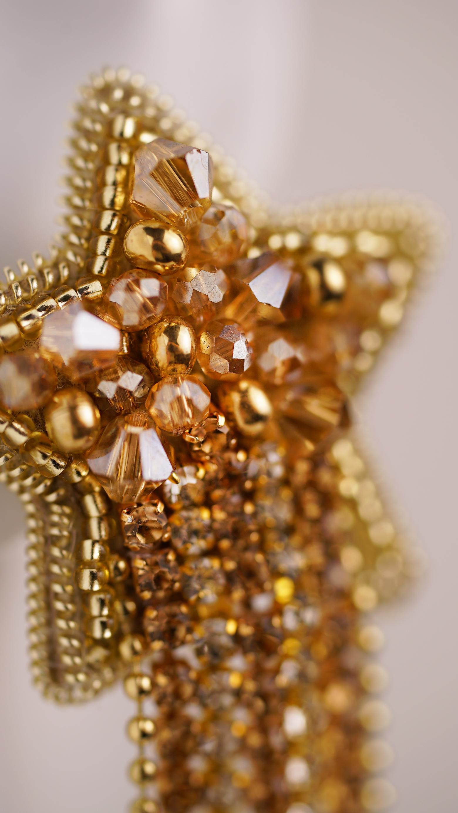 Gold Star Beaded Ear Clips – Handmade with Glass Crystal Beads and Rhinestone Chains - Thumbnail 4