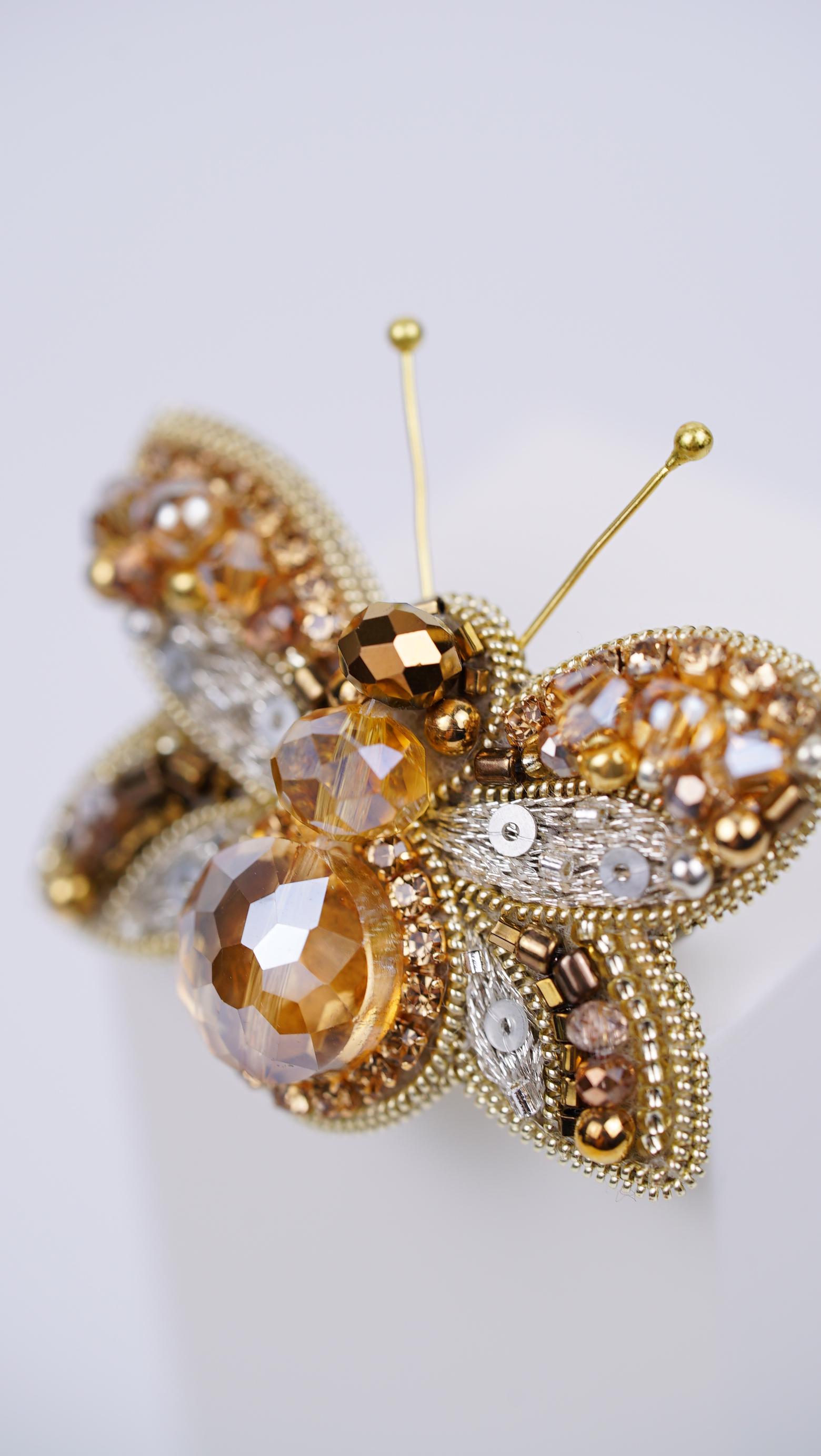 Honey Gold Butterfly Beaded Brooch – Handmade with Swarovski Crystals - Thumbnail 7