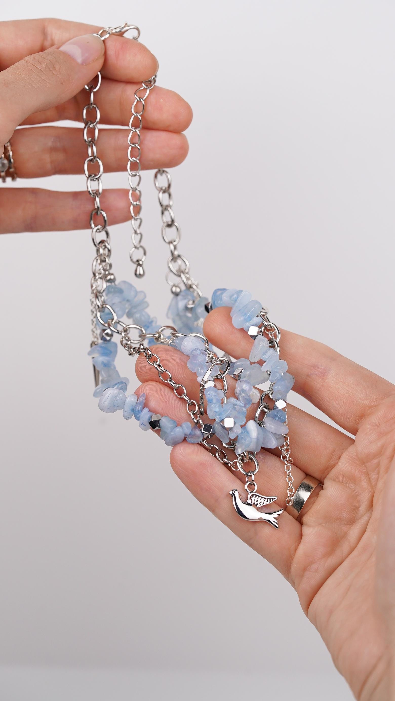 Sky Blue Rebel Necklace – Edgy Chunky Layered Chain with Blue Quartz Chips, Silver Charms & Bird Pendant | Handmade Statement Necklace - Thumbnail 6