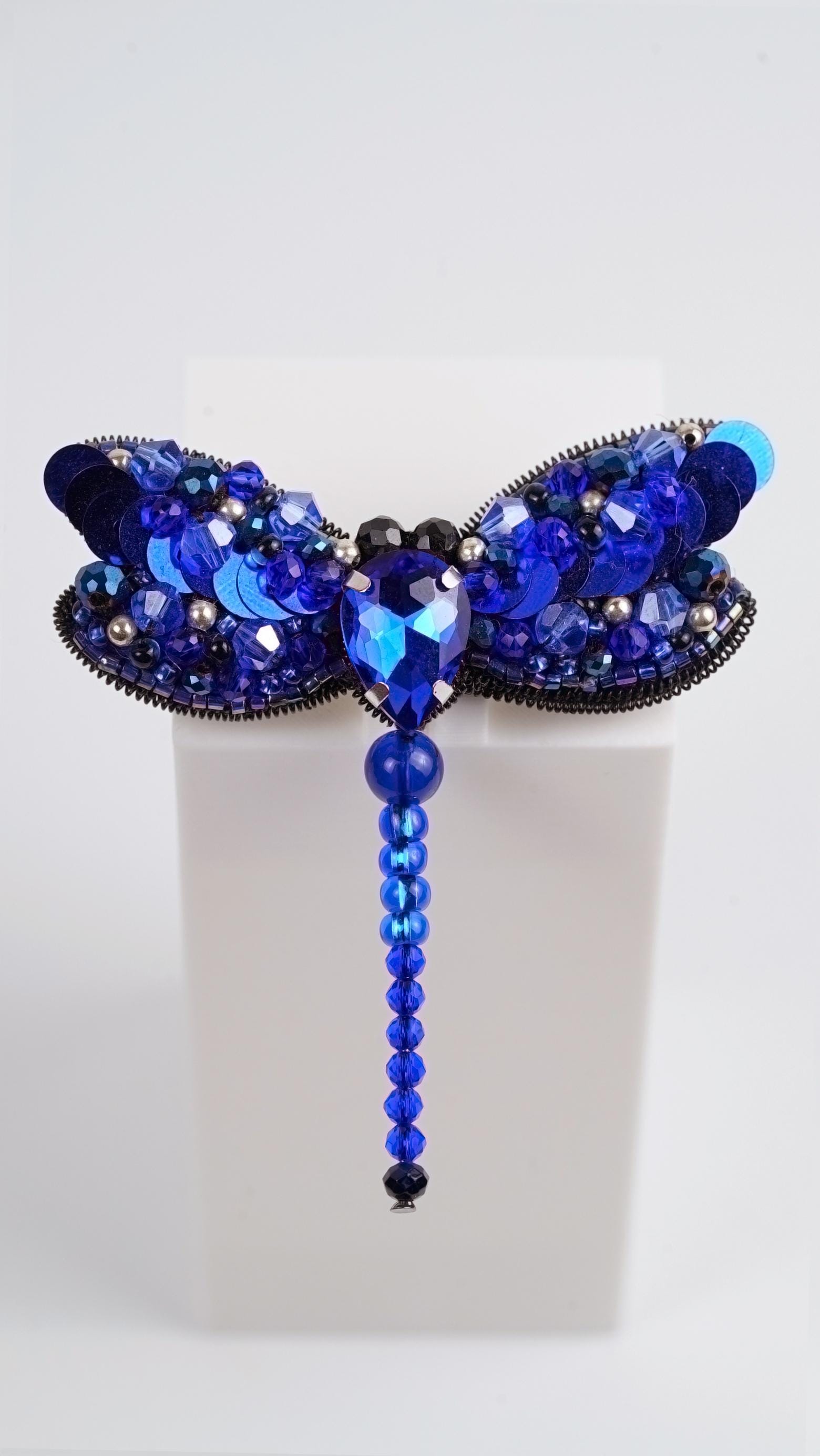 Navy Blue Dragonfly Beaded Brooch – Handmade Swarovski Crystal Jewelry, Statement Bug Pin, Embroidered Brooch Gift for Nature Lovers - Thumbnail 5