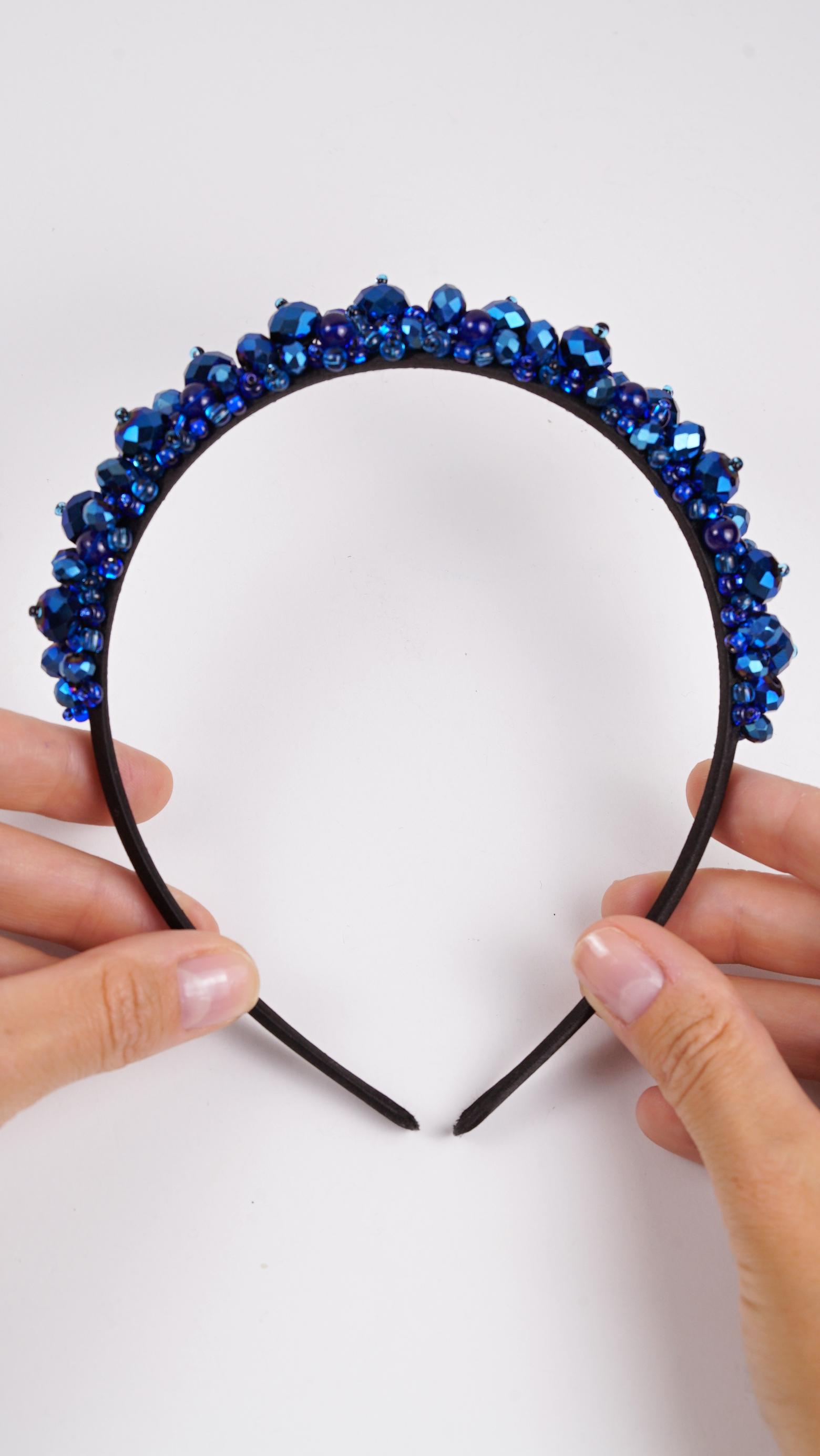Sapphire Blue Beaded Crown Headband – Handmade Luxury Crystal Hair Accessory - Thumbnail 7
