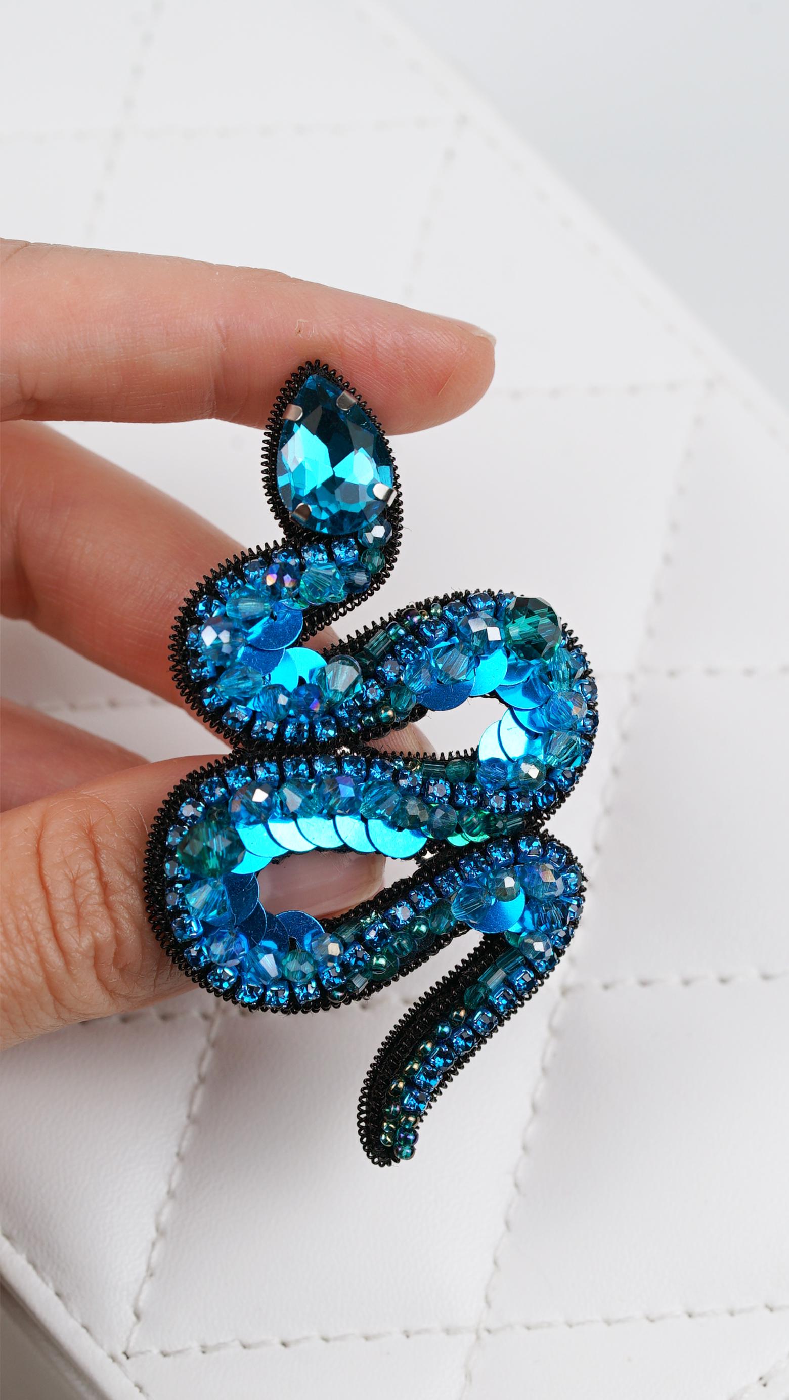 Aqua Blue Beaded Snake Brooch – Handmade Swarovski Crystal Statement Pin – Blue Jewelry – Unique Gift for Her – SOMETHING UNIQUE Accessories - Thumbnail 3