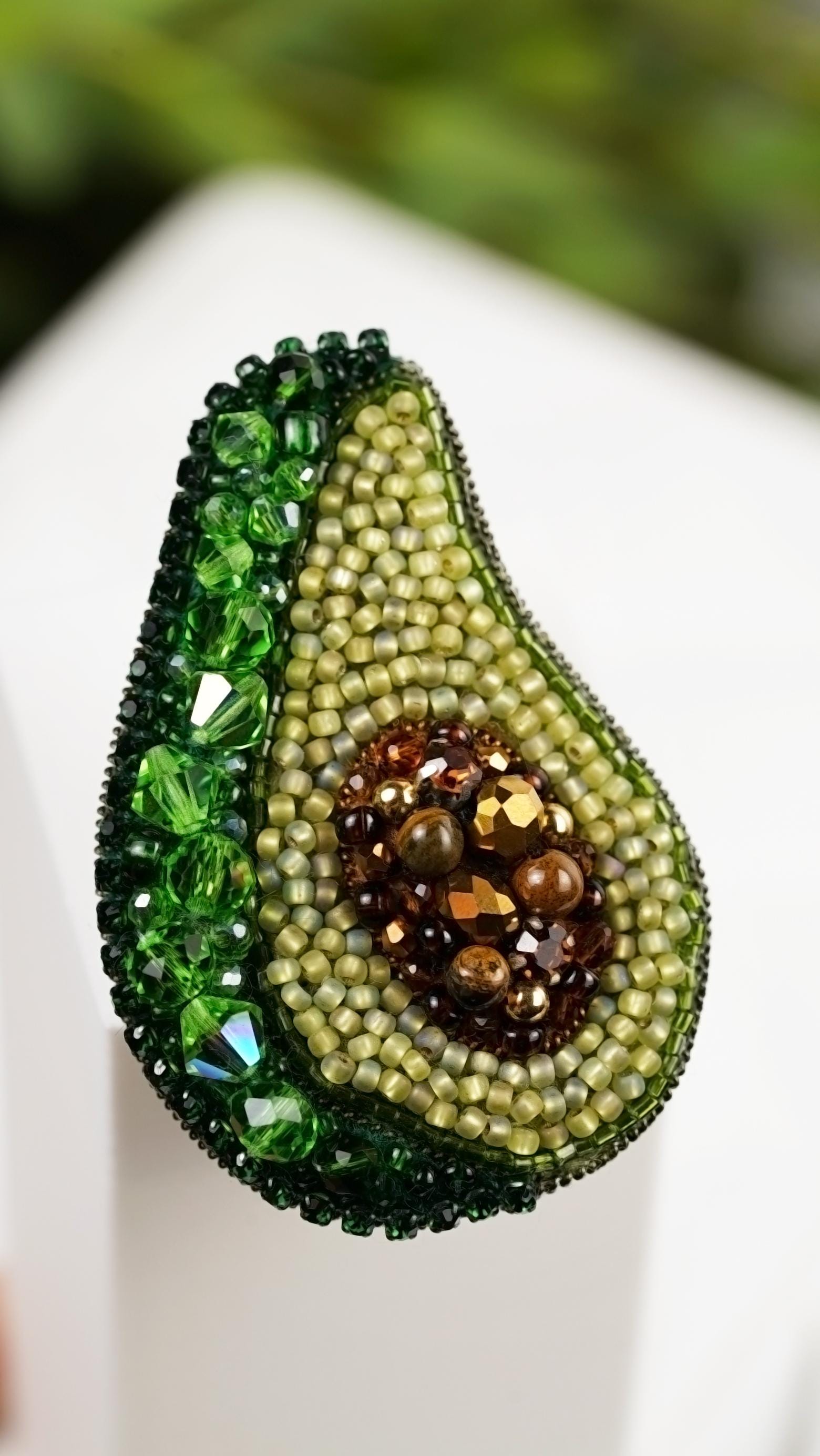 Handmade Avocado Beaded Brooch – Swarovski Crystal Beads – Fun Fruit Pin – Playful Statement Accessory – Gift for Foodie – Green Jewelry - Thumbnail 3