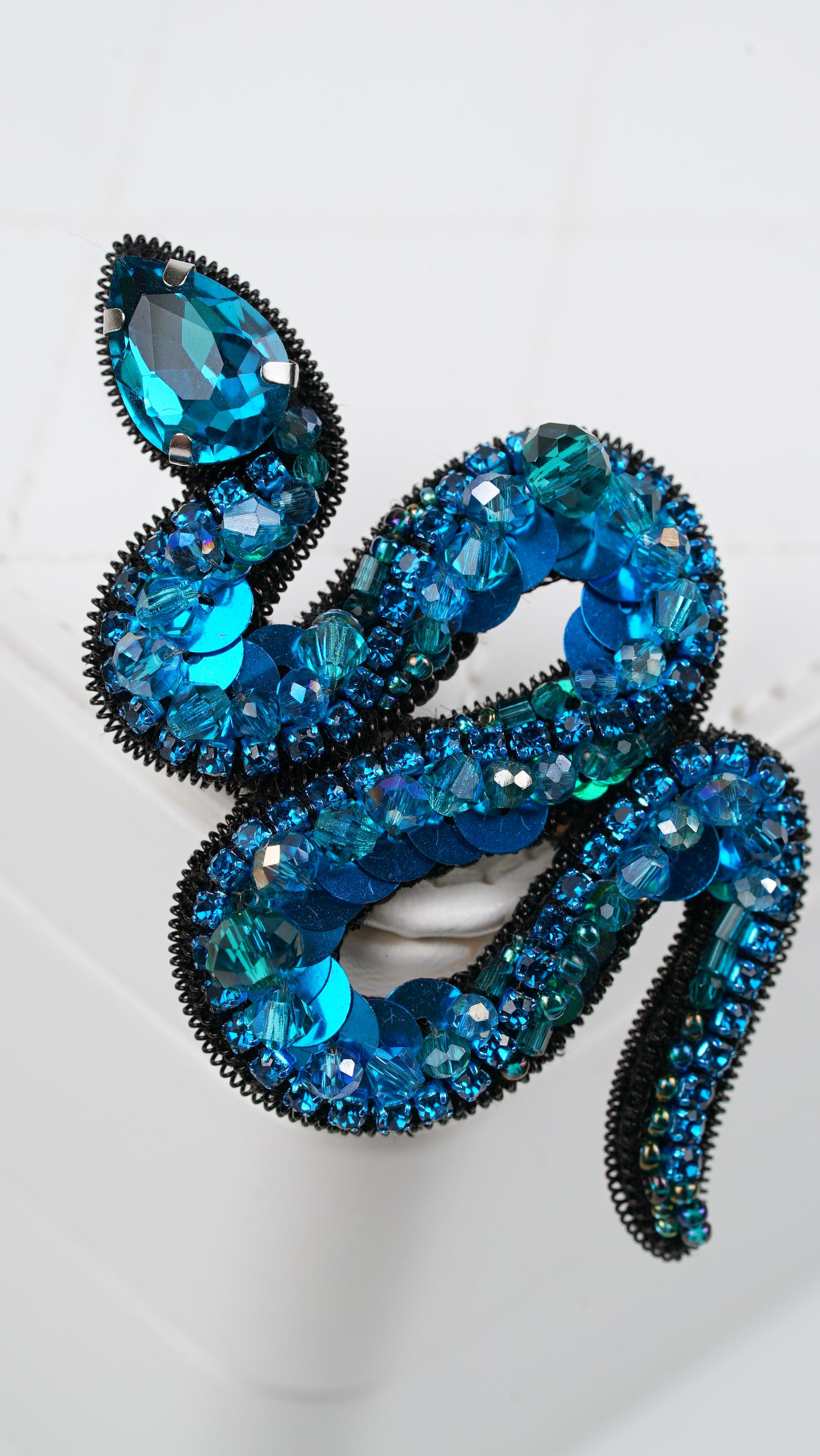 Aqua Blue Beaded Snake Brooch – Handmade Swarovski Crystal Statement Pin – Blue Jewelry – Unique Gift for Her – SOMETHING UNIQUE Accessories - Thumbnail 5