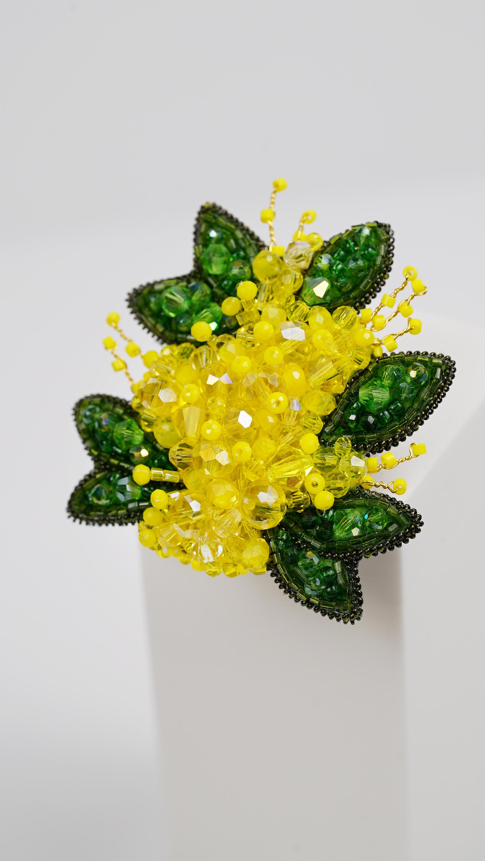 Handmade Mimosa Flower Beaded Brooch – Yellow & Green Crystal Floral Pin – Spring Jewelry – Nature-Inspired Gift - Thumbnail 3