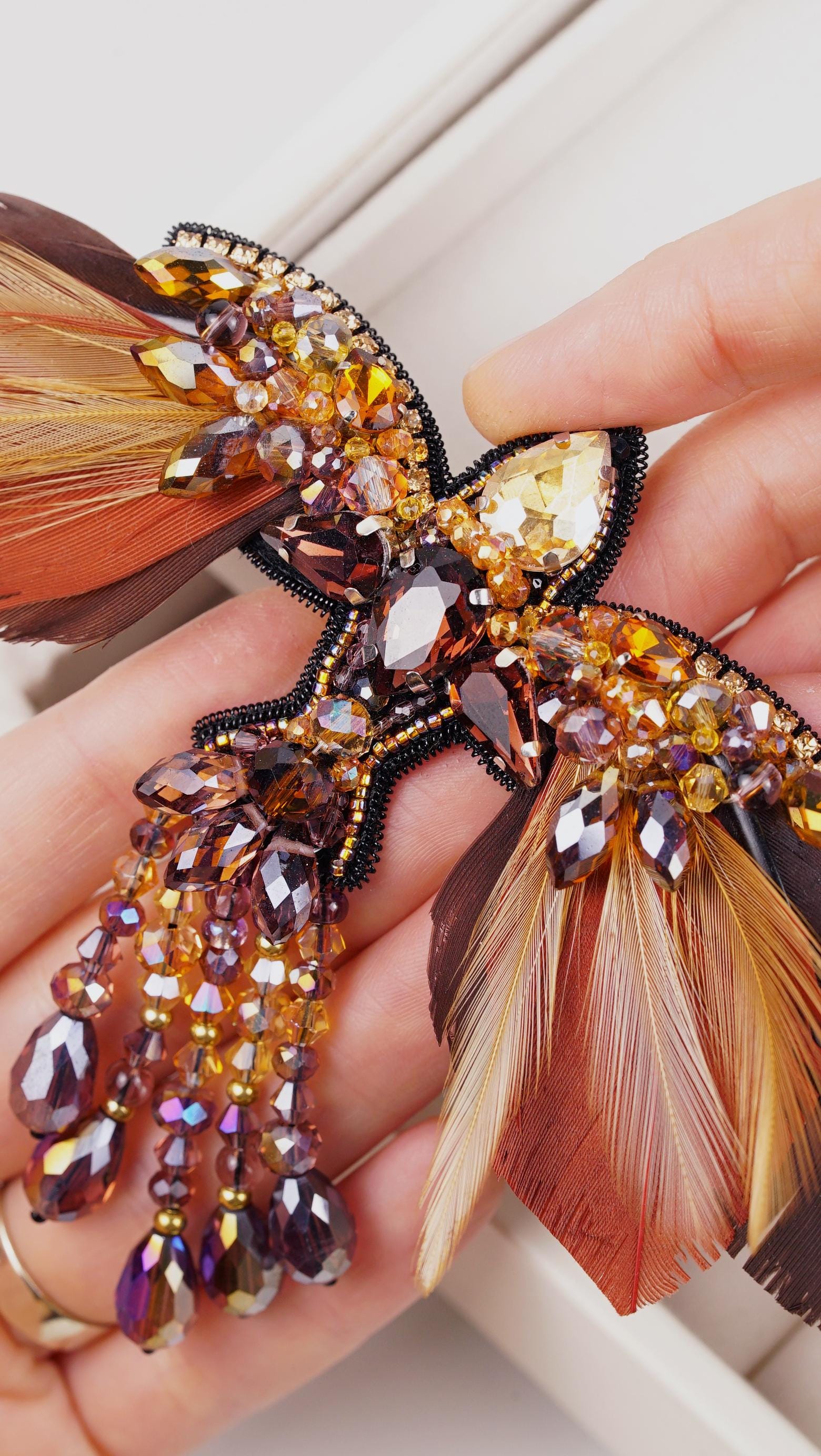 Autumn Phoenix Beaded Brooch – Handmade with Swarovski Crystals and Warm Hues - Thumbnail 2