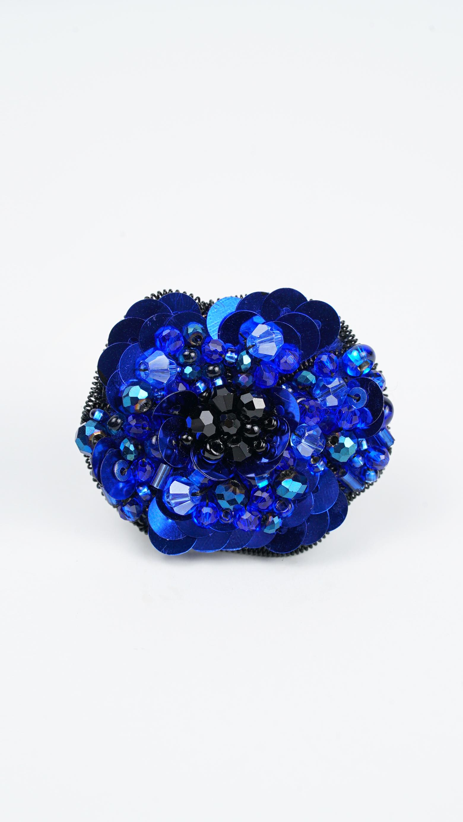 Navy Blue Beaded Flower Brooch – Handmade Statement Accessory with Glass Beads, Sequins & Miyuki Seed Beads – Elegant Floral Jewelry Gift - Thumbnail 6