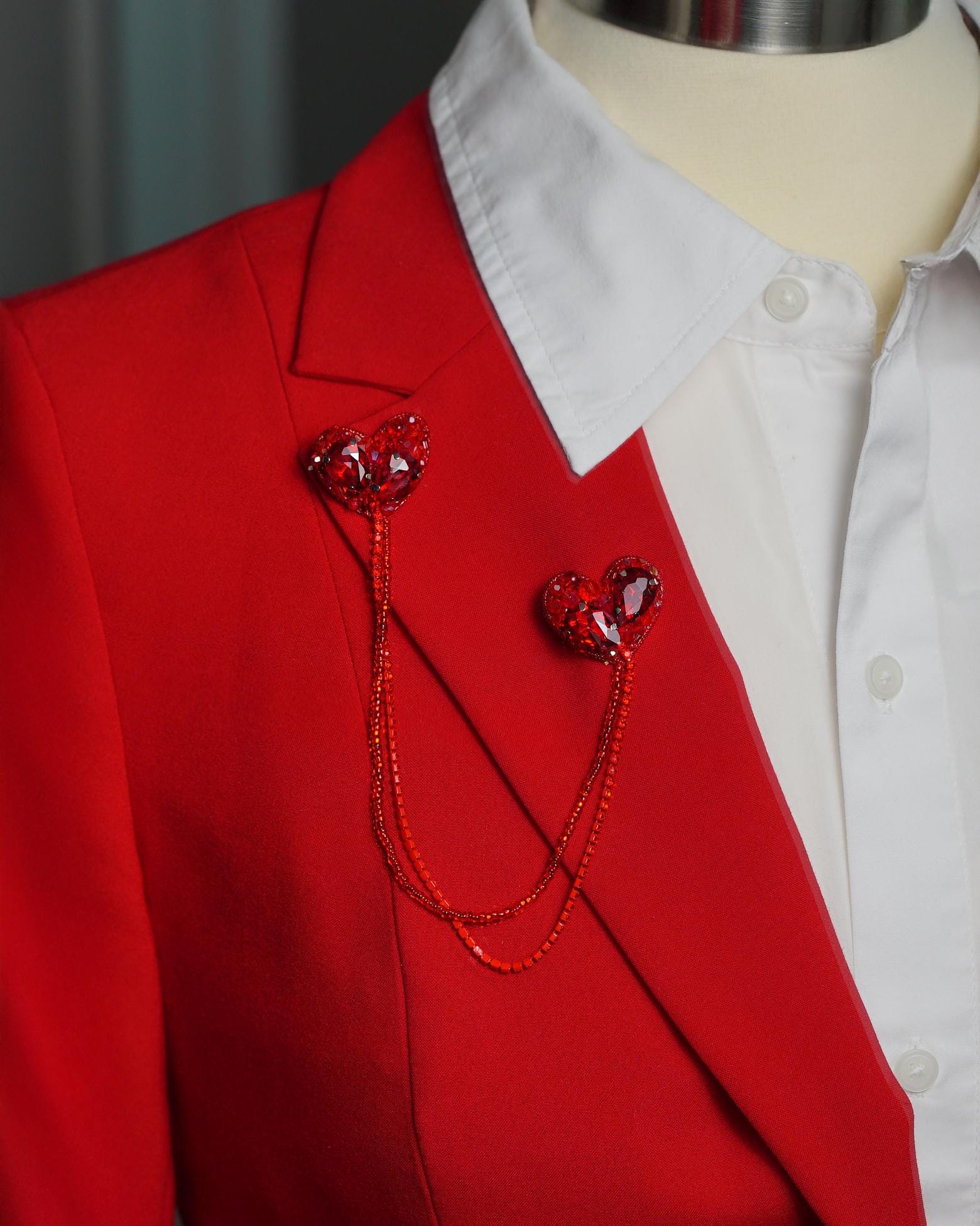 Two Hearts Connected Handmade beaded collar brooch with rhinestone chains and crystal beads - Red color - Thumbnail 3
