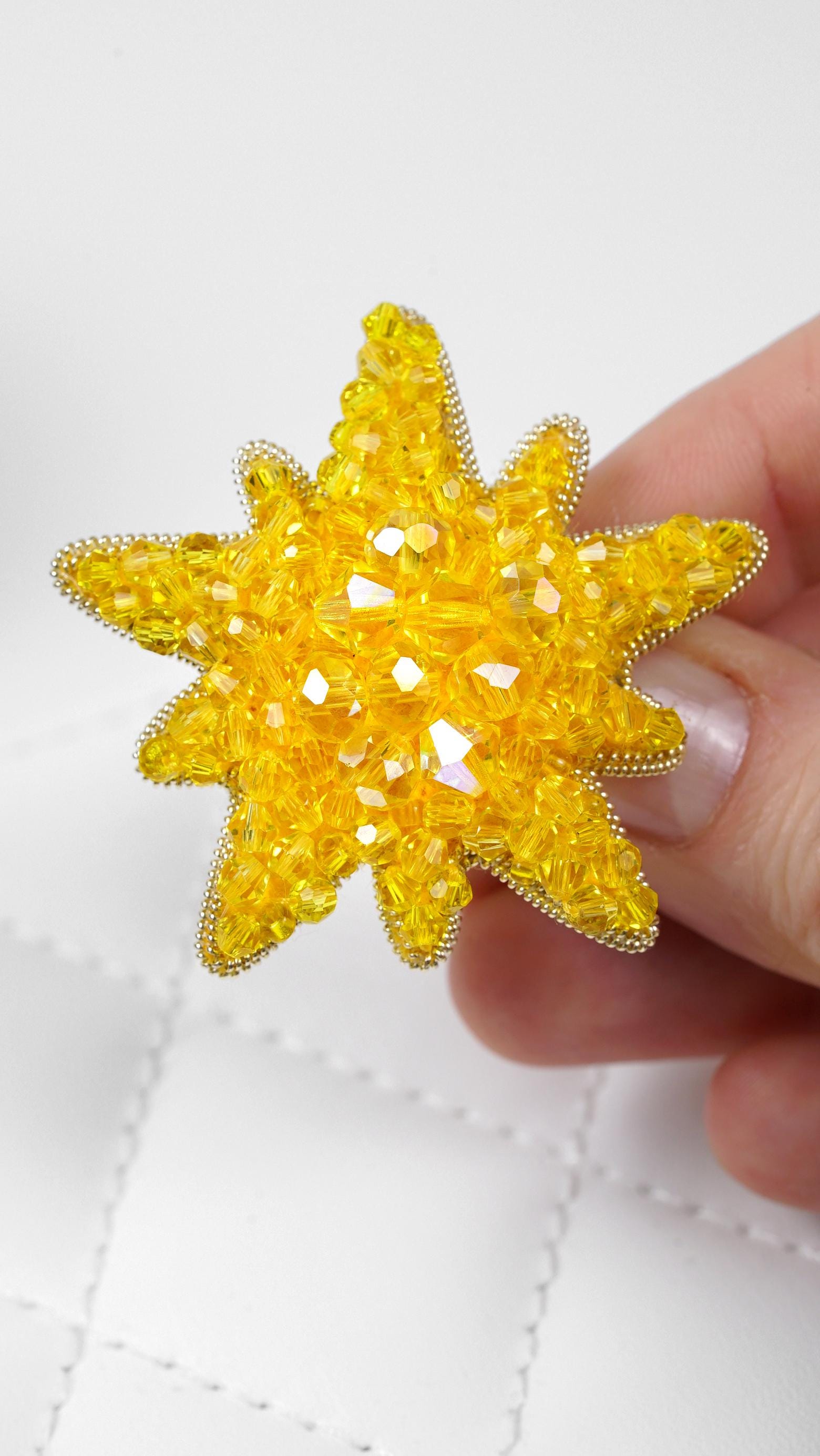 Handmade Sun Beaded Brooch made with Crystal beads and faceted glass beads - Thumbnail 5