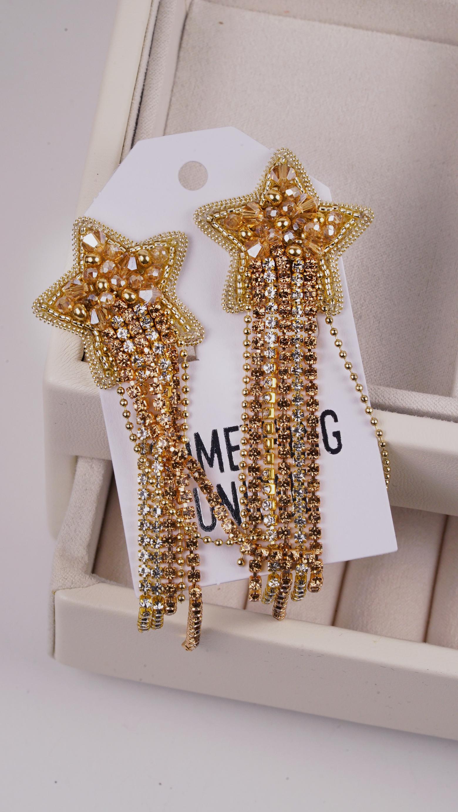 Gold Star Beaded Ear Clips – Handmade with Glass Crystal Beads and Rhinestone Chains - Thumbnail 2