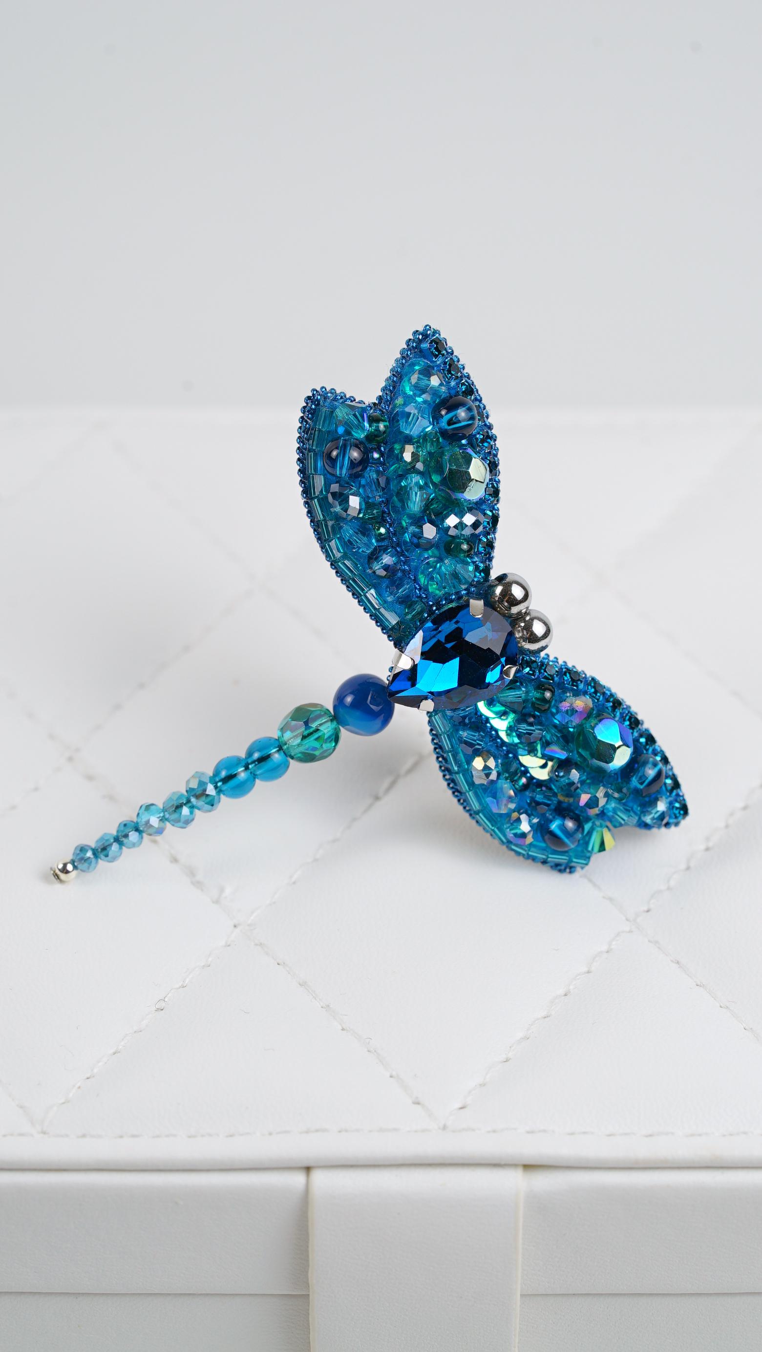 Aqua Blue Dragonfly Beaded Brooch – Handmade Beaded Jewelry – Swarovski Crystal Brooch – Statement Pin – Gift for Nature Lover - Thumbnail 6
