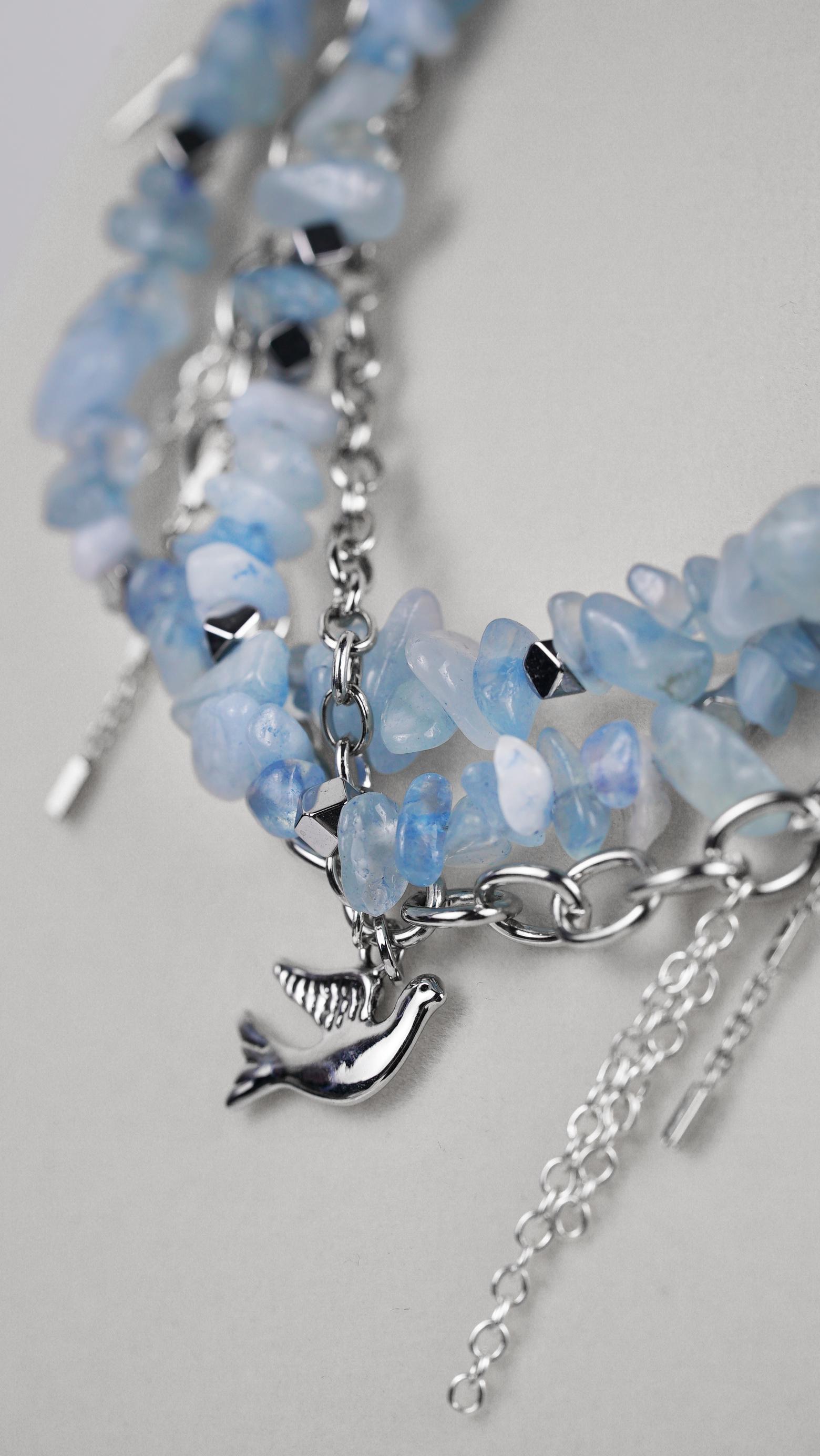 Sky Blue Rebel Necklace – Edgy Chunky Layered Chain with Blue Quartz Chips, Silver Charms & Bird Pendant | Handmade Statement Necklace - Thumbnail 2