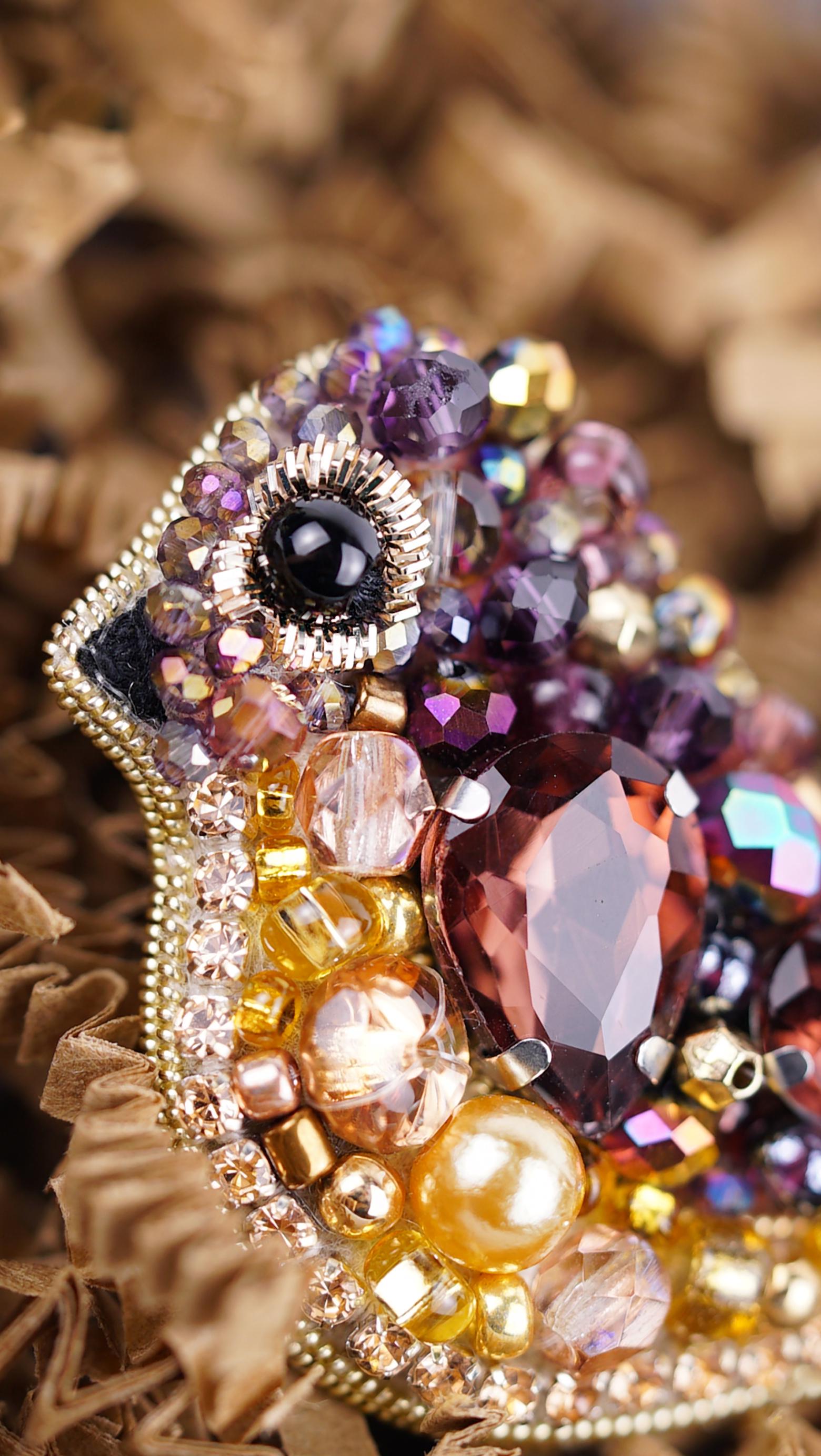 Handmade Amethyst Sparrow Brooch | Gold and Rose Gold Beaded Pin | Crystal & Seed Beads | Eco-Friendly Leather Backing - Thumbnail 5