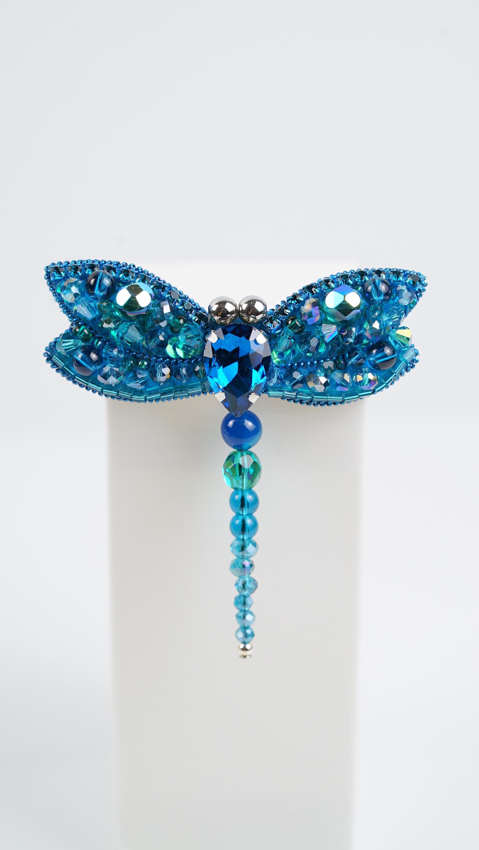 Aqua Blue Dragonfly Beaded Brooch – Handmade Beaded Jewelry – Swarovski Crystal Brooch – Statement Pin – Gift for Nature Lover - Thumbnail 2