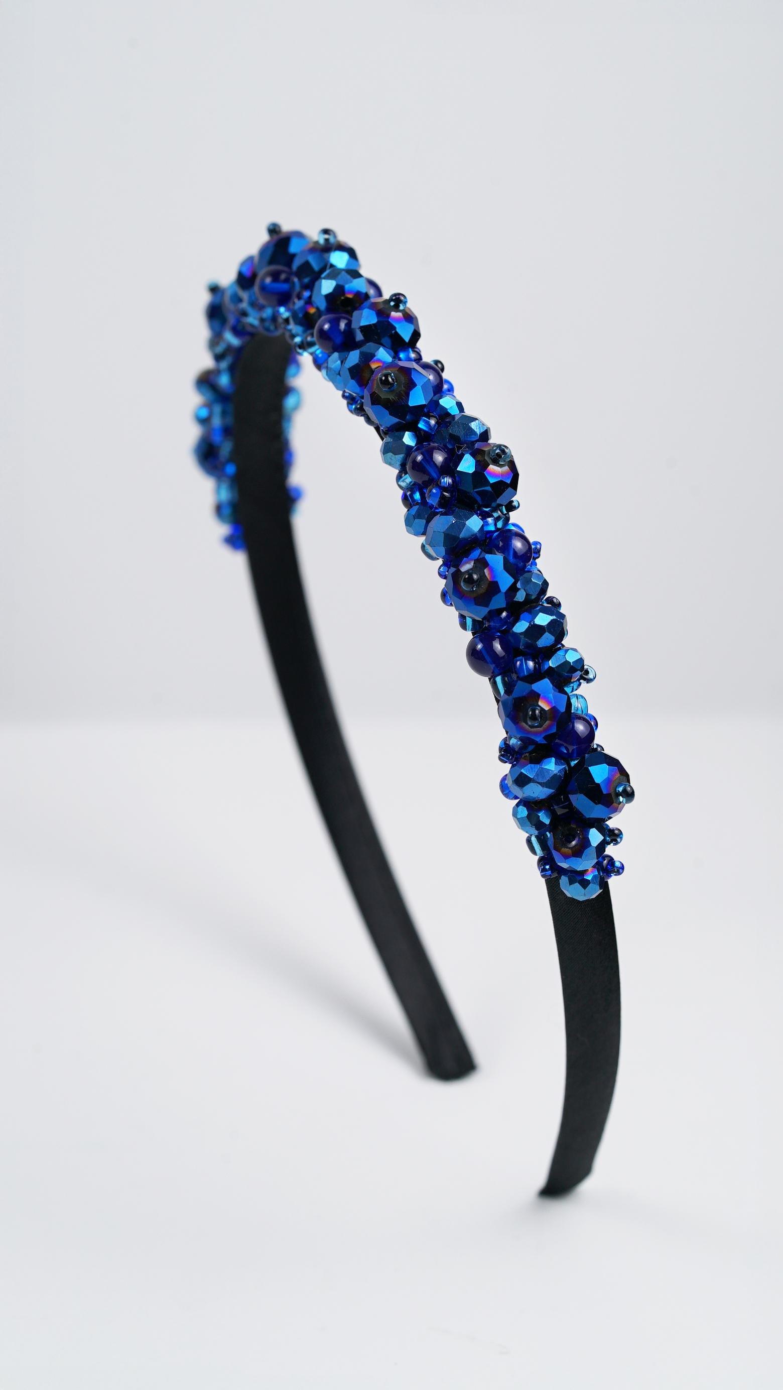 Sapphire Blue Beaded Crown Headband – Handmade Luxury Crystal Hair Accessory