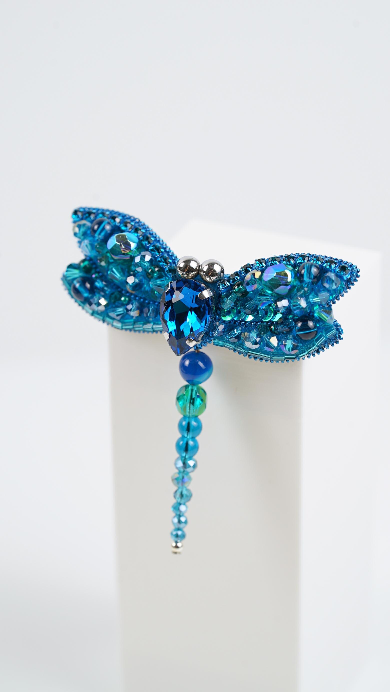 Aqua Blue Dragonfly Beaded Brooch – Handmade Beaded Jewelry – Swarovski Crystal Brooch – Statement Pin – Gift for Nature Lover - Thumbnail 3