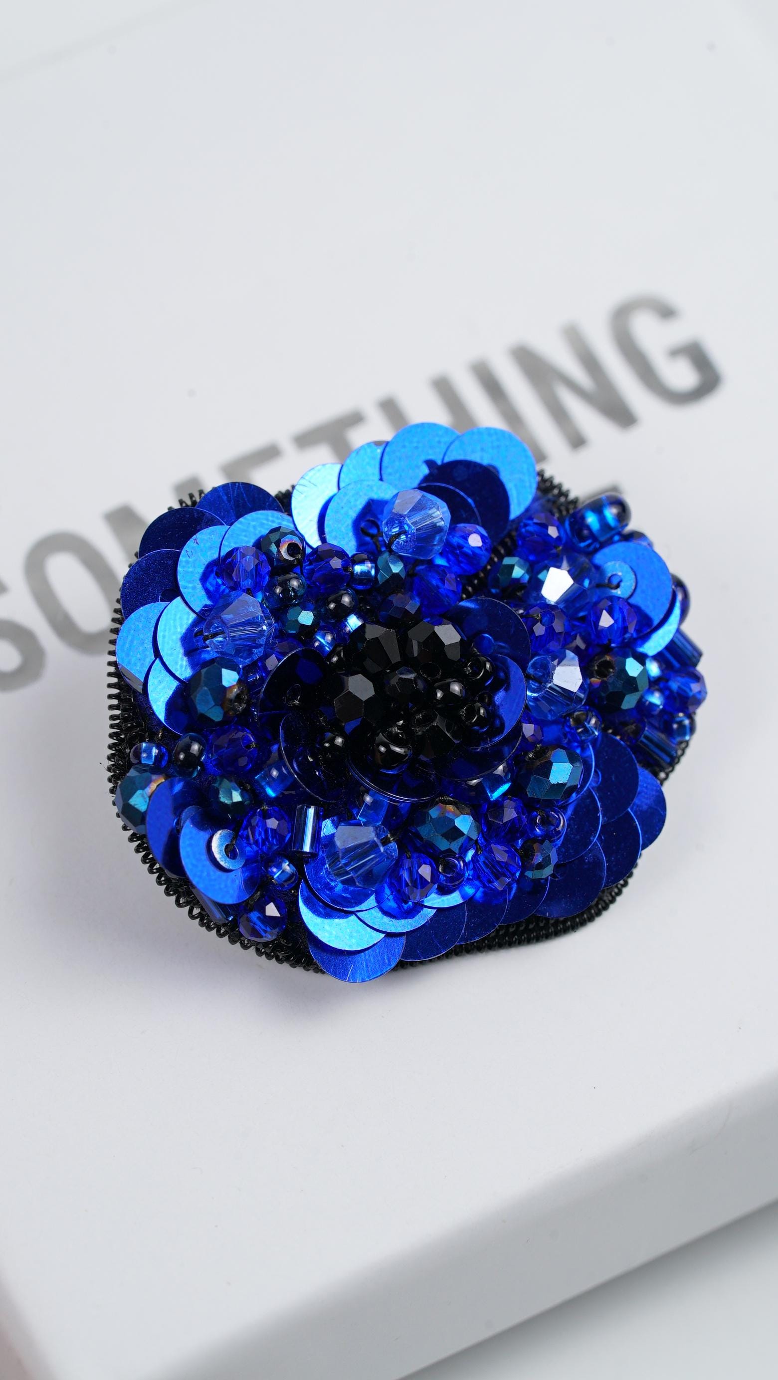 Navy Blue Beaded Flower Brooch – Handmade Statement Accessory with Glass Beads, Sequins & Miyuki Seed Beads – Elegant Floral Jewelry Gift - Thumbnail 5