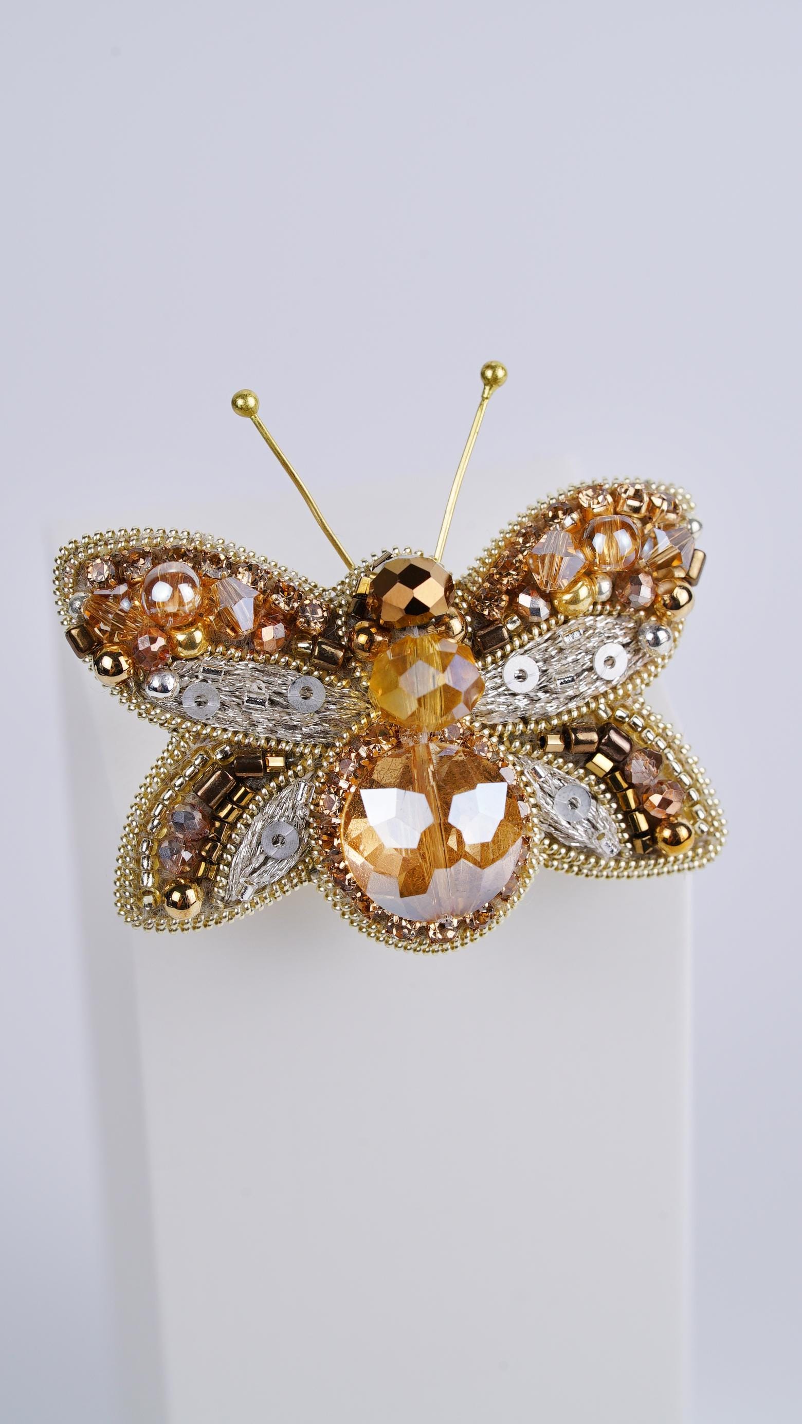 Honey Gold Butterfly Beaded Brooch – Handmade with Swarovski Crystals - Thumbnail 2