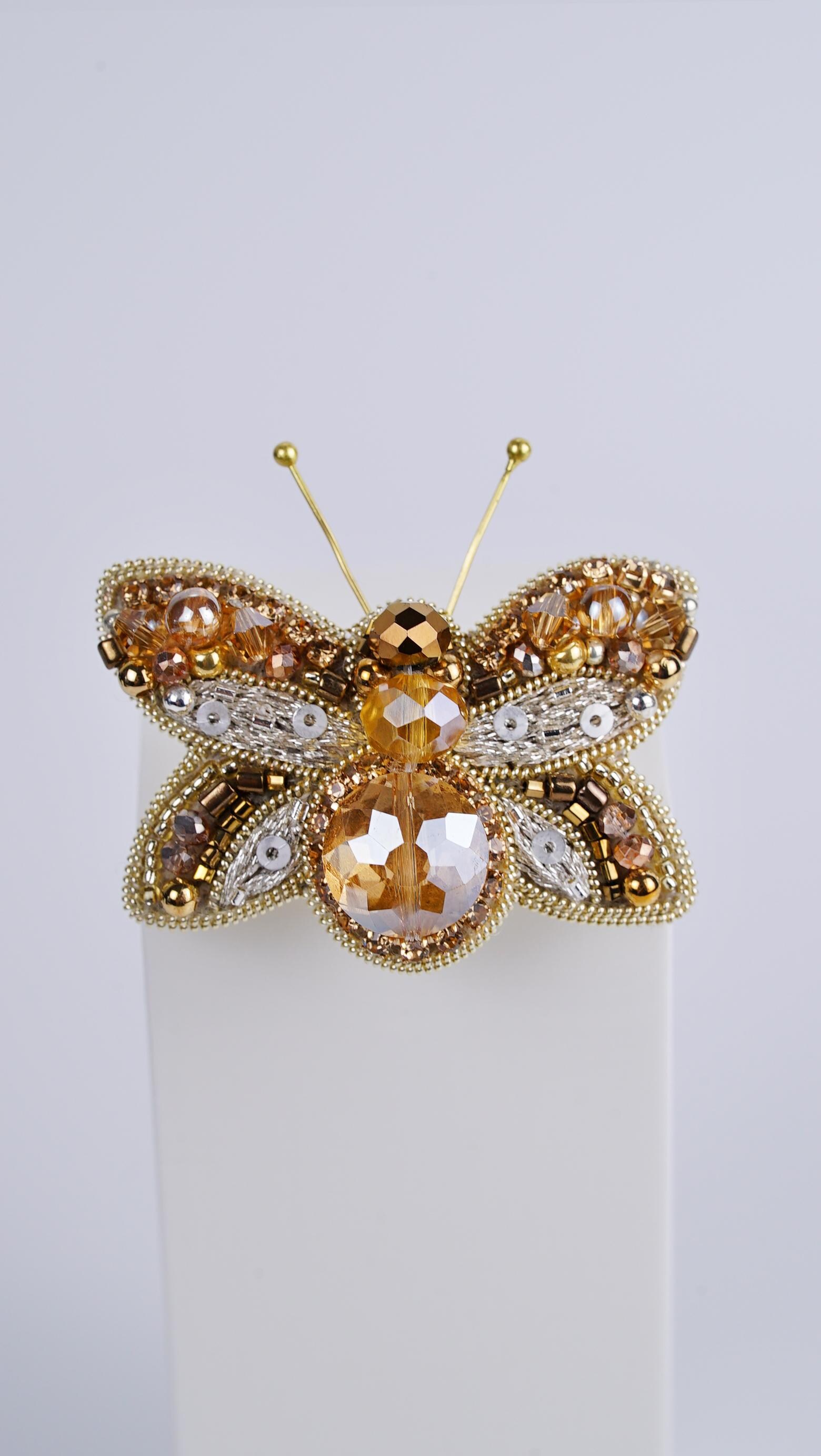Honey Gold Butterfly Beaded Brooch – Handmade with Swarovski Crystals - Thumbnail 3