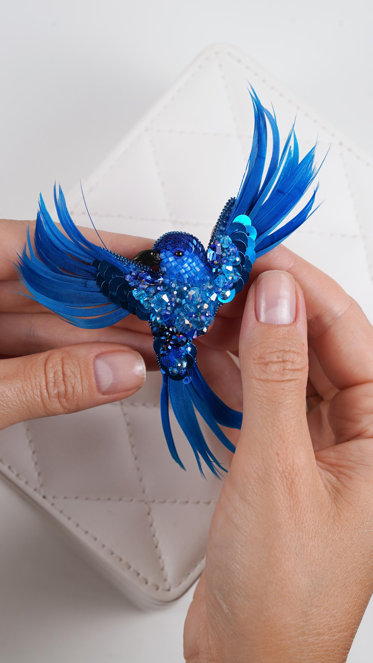 Aqua Blue Aurora Bird Brooch – Handmade Beaded Statement Pin with Feathers and Crystals - Thumbnail 2