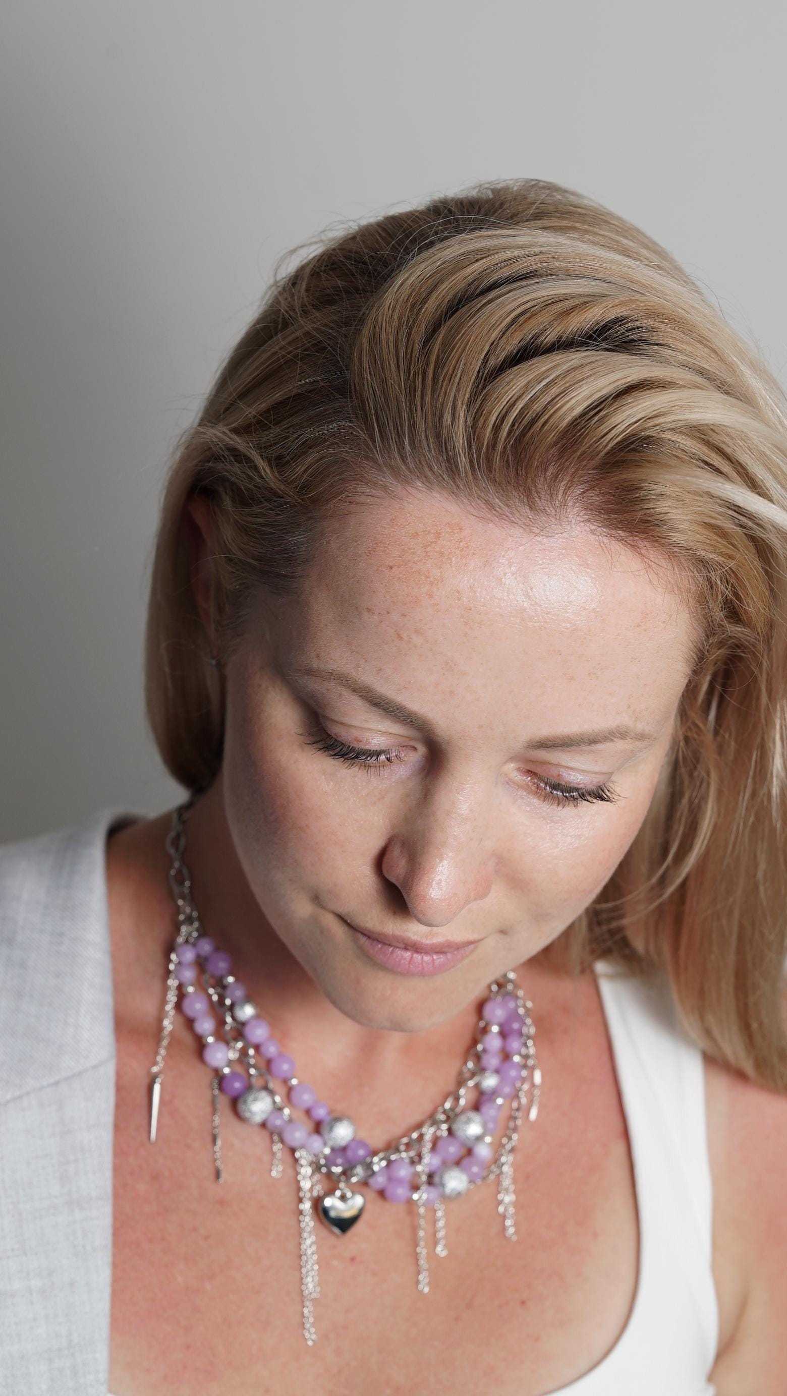 Lavender Rebel Necklace – Chunky Beaded Statement Necklace with Silver Chains, Heart Charm & Edgy Details | Handmade Unique Jewelry - Thumbnail 6