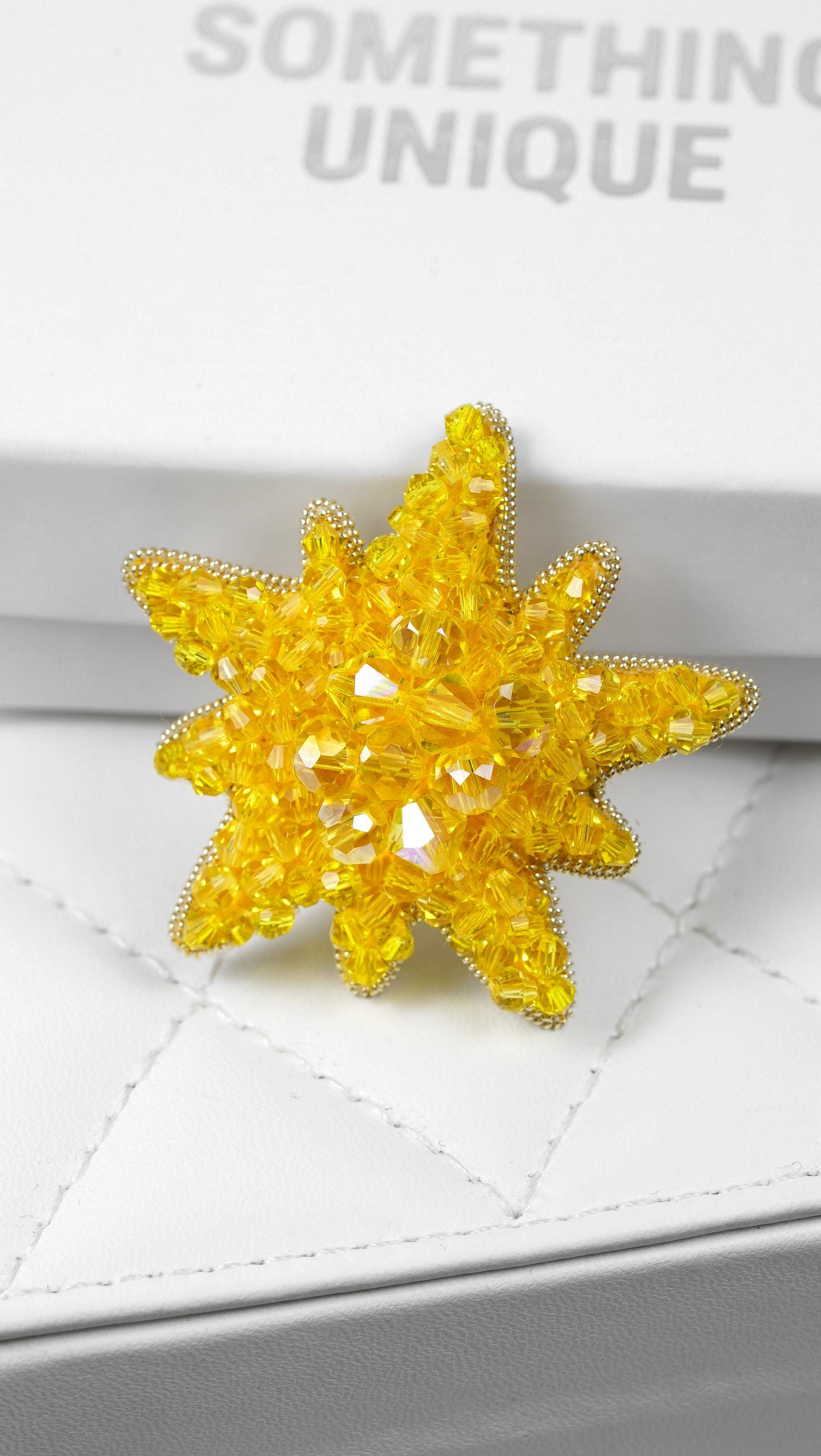 Handmade Sun Beaded Brooch made with Crystal beads and faceted glass beads - Thumbnail 6