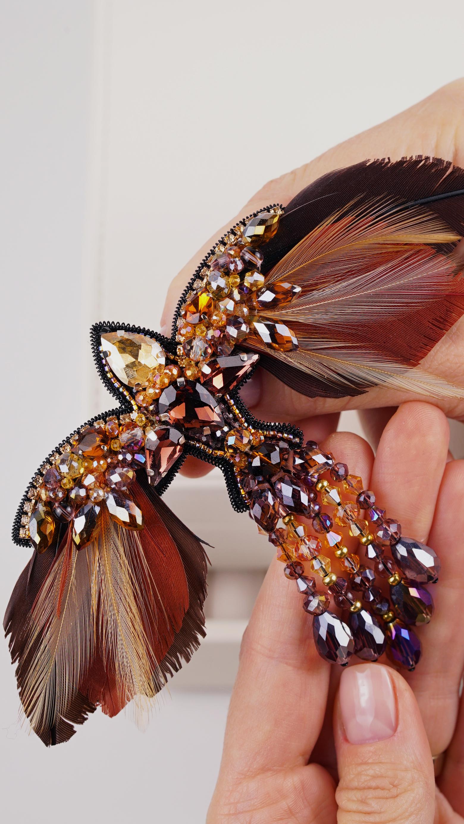 Autumn Phoenix Beaded Brooch – Handmade with Swarovski Crystals and Warm Hues - Thumbnail 3