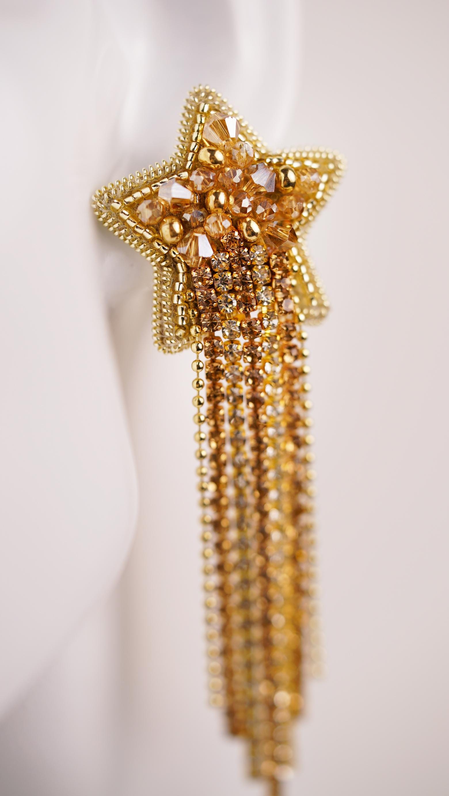 Gold Star Beaded Ear Clips – Handmade with Glass Crystal Beads and Rhinestone Chains - Thumbnail 5