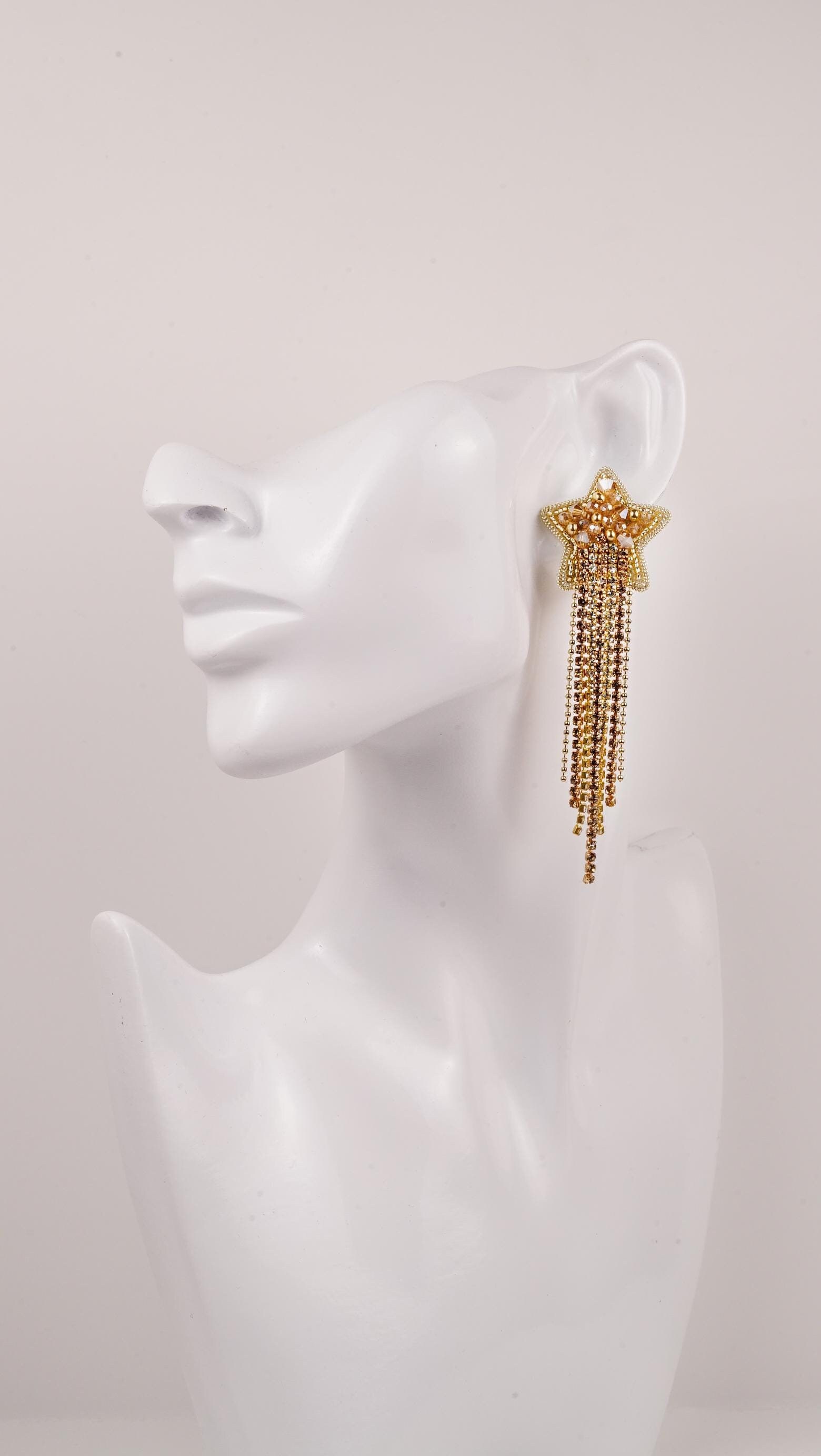 Gold Star Beaded Ear Clips – Handmade with Glass Crystal Beads and Rhinestone Chains