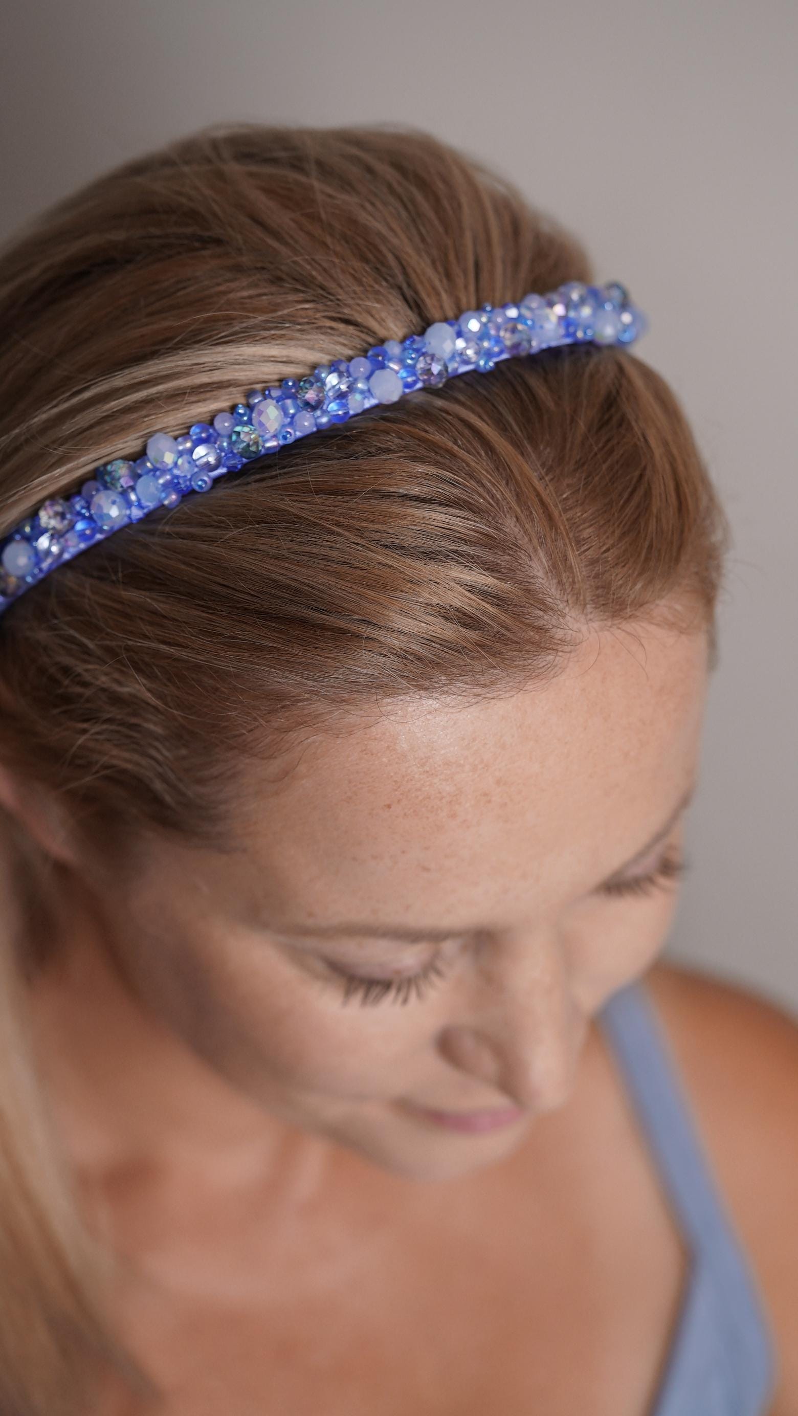 Sky Blue Beaded Headband – Handmade Satin Wrapped Crystal Headband, Sparkly Hair Accessory, Blue Beaded Hairband, Unique Gift for Her - Thumbnail 7