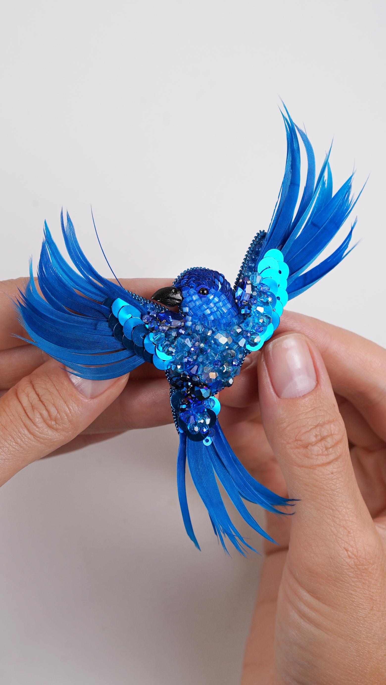 Aqua Blue Aurora Bird Brooch – Handmade Beaded Statement Pin with Feathers and Crystals - Thumbnail 3