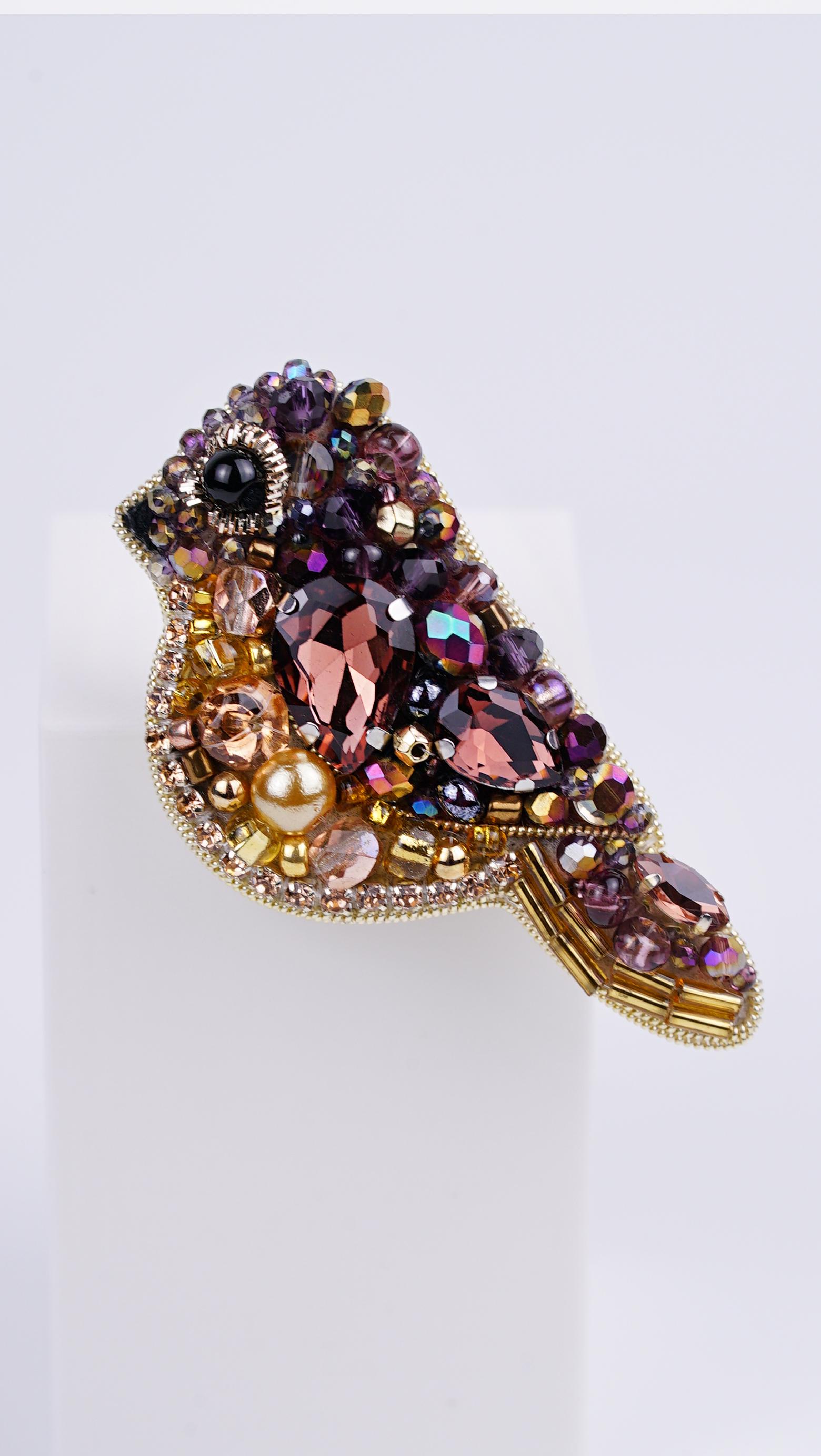 Handmade Amethyst Sparrow Brooch | Gold and Rose Gold Beaded Pin | Crystal & Seed Beads | Eco-Friendly Leather Backing - Image 1