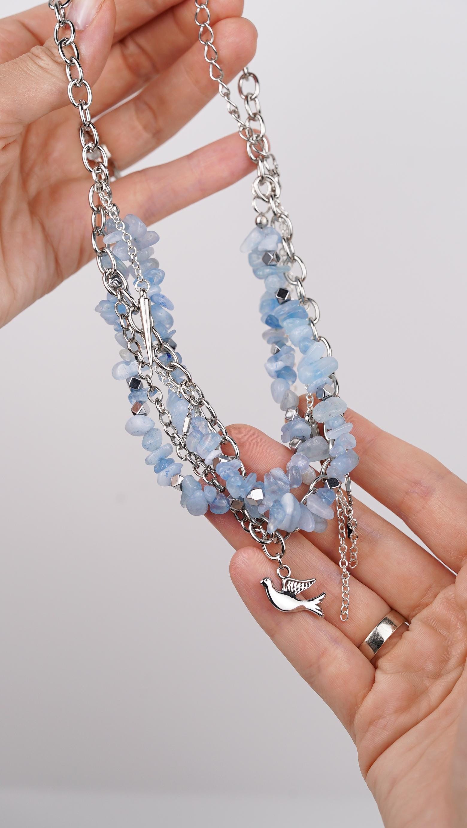 Sky Blue Rebel Necklace – Edgy Chunky Layered Chain with Blue Quartz Chips, Silver Charms & Bird Pendant | Handmade Statement Necklace - Thumbnail 7