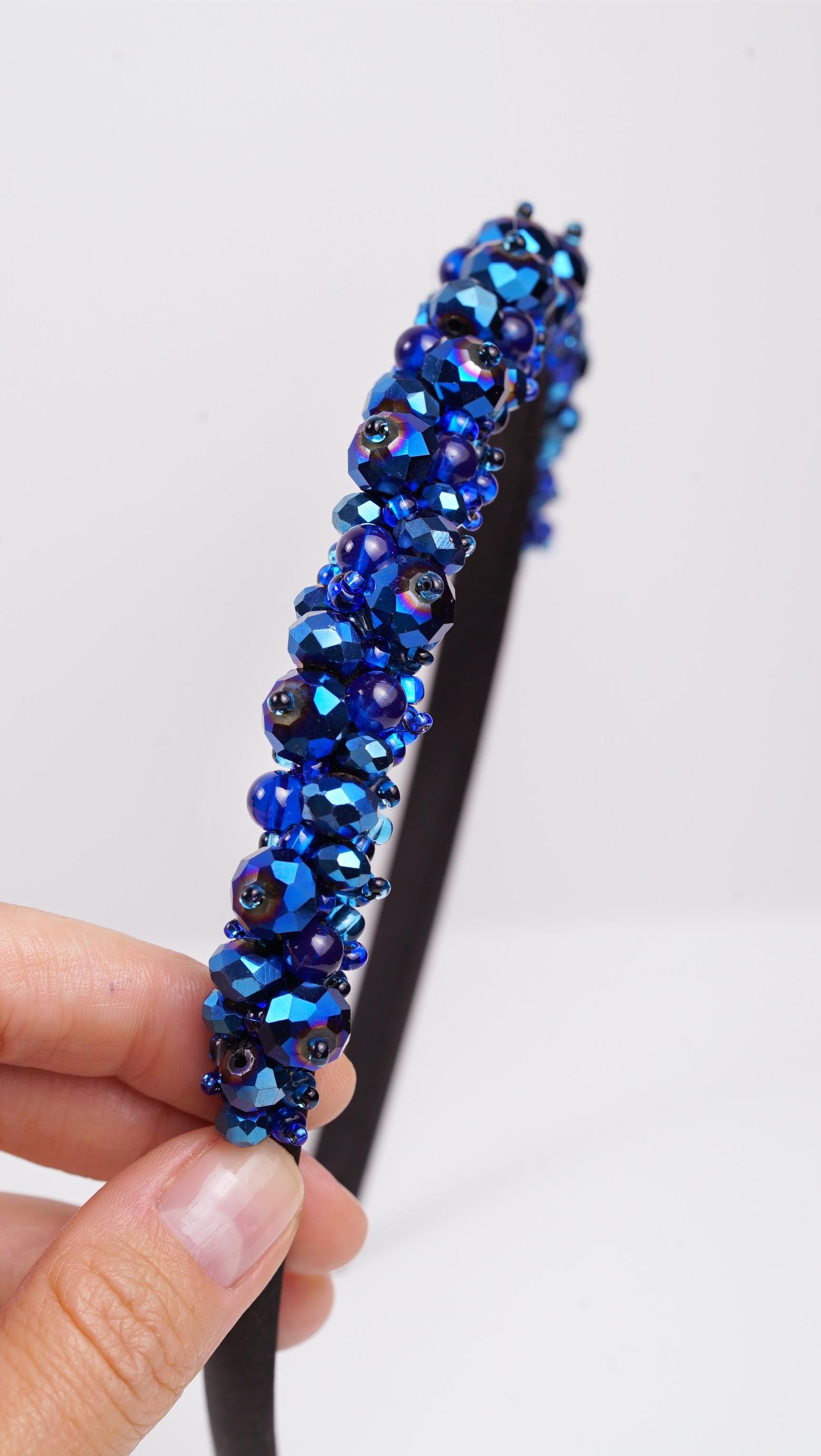 Sapphire Blue Beaded Crown Headband – Handmade Luxury Crystal Hair Accessory - Thumbnail 3