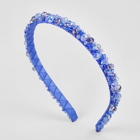 Sky Blue Beaded Headband: Handmade Crystal & Czech Glass  display picture 2