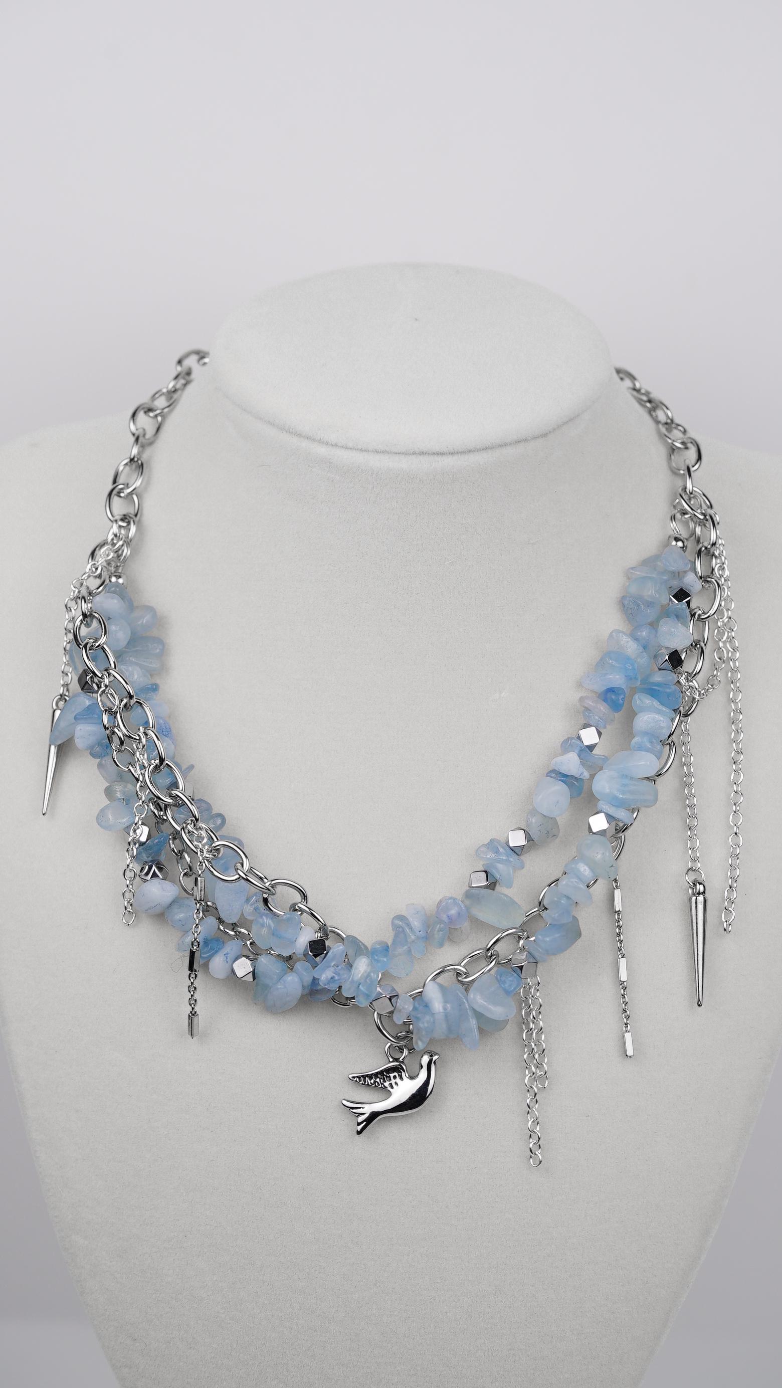 Sky Blue Rebel Necklace – Edgy Chunky Layered Chain with Blue Quartz Chips, Silver Charms & Bird Pendant | Handmade Statement Necklace - Thumbnail 3