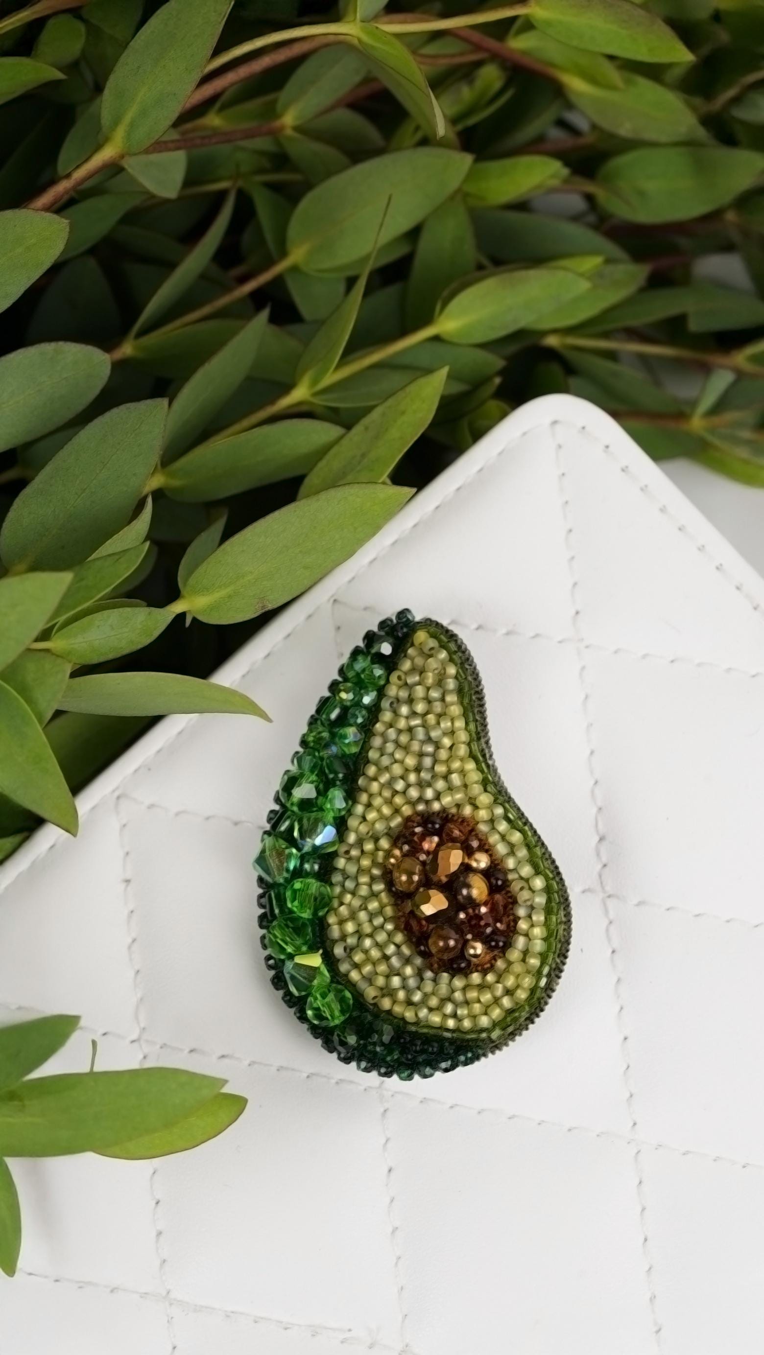 Handmade Avocado Beaded Brooch – Swarovski Crystal Beads – Fun Fruit Pin – Playful Statement Accessory – Gift for Foodie – Green Jewelry - Image 1