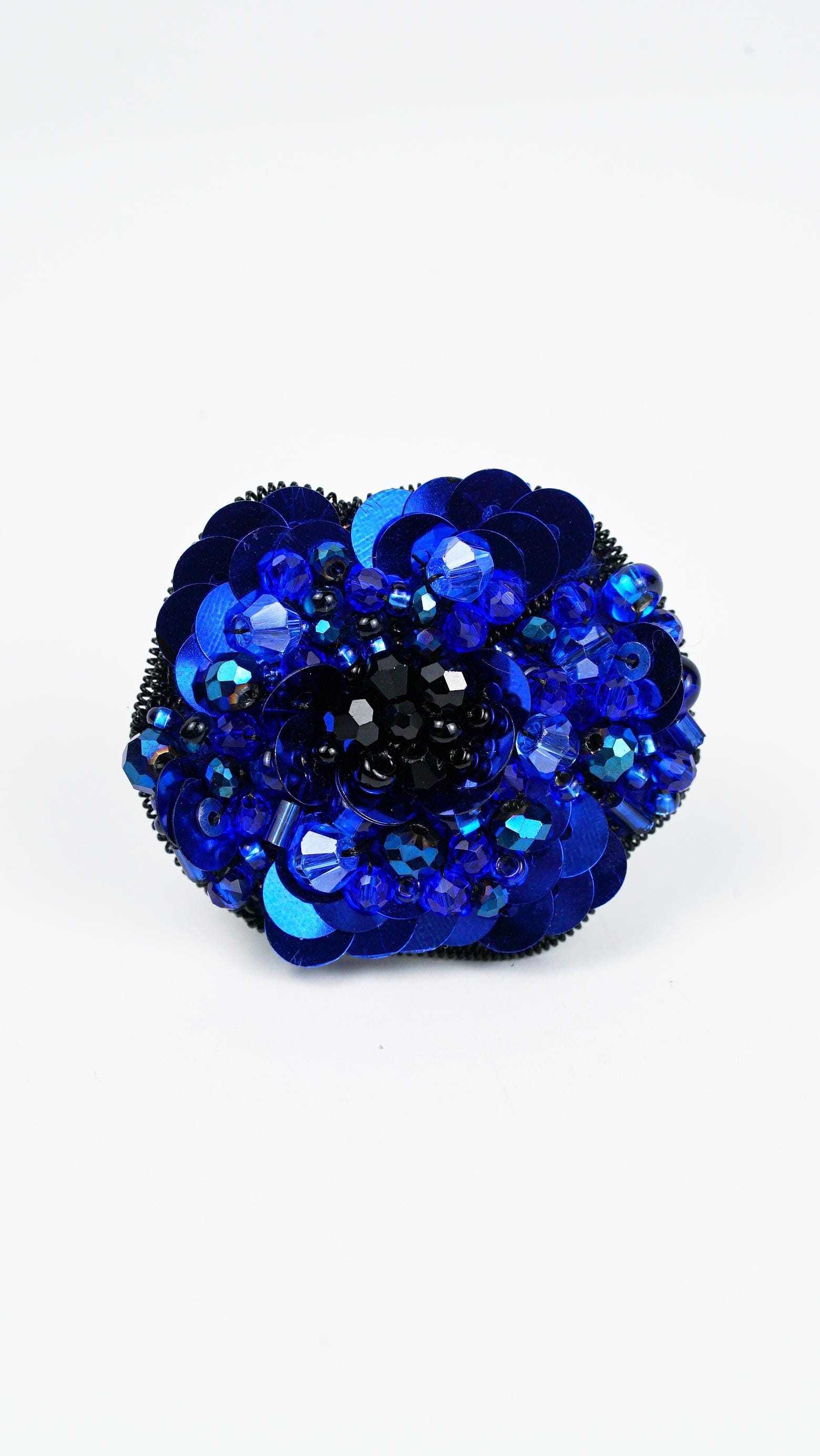 Navy Blue Beaded Flower Brooch – Handmade Statement Accessory with Glass Beads, Sequins & Miyuki Seed Beads – Elegant Floral Jewelry Gift - Thumbnail 2