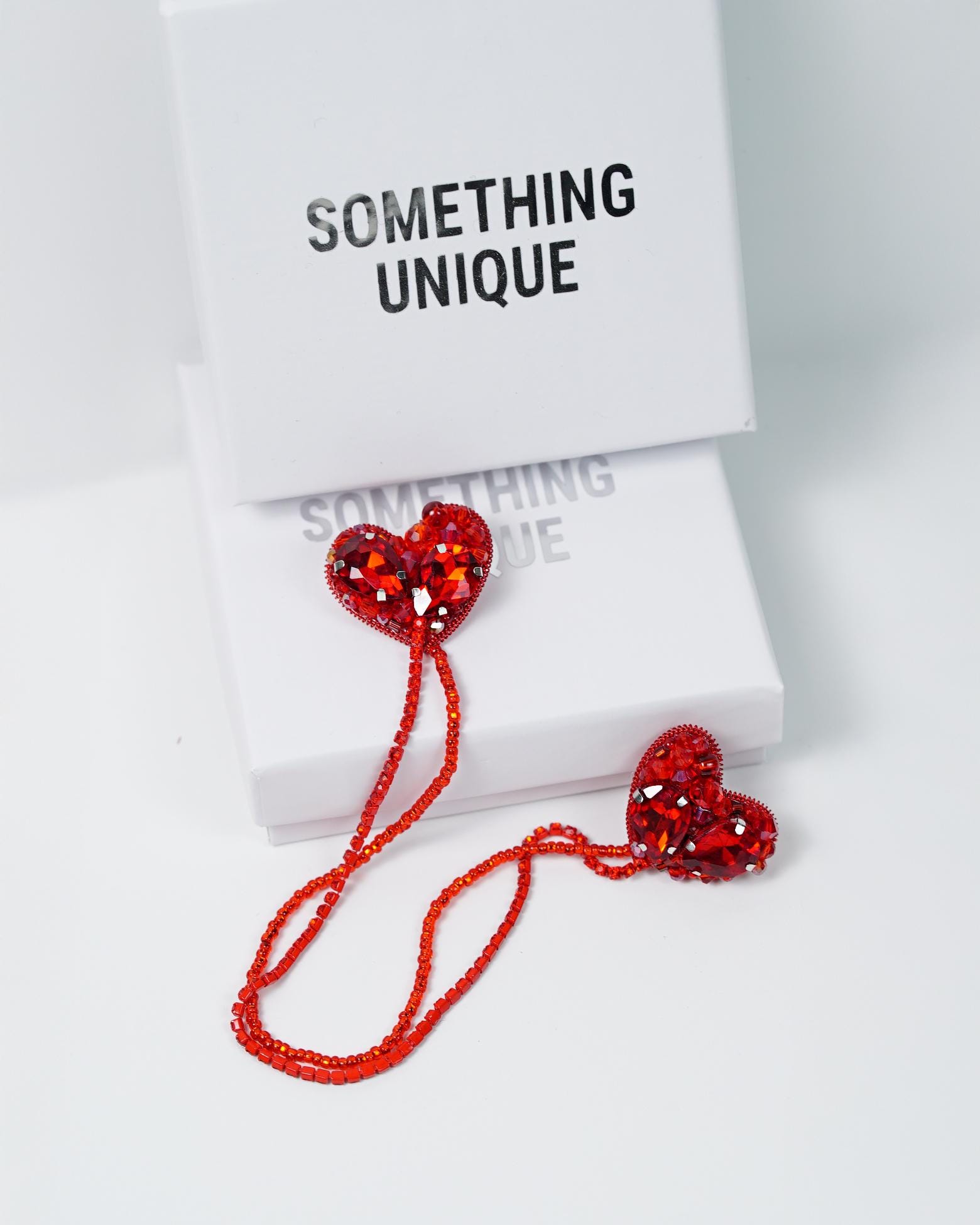 Two Hearts Connected Handmade beaded collar brooch with rhinestone chains and crystal beads - Red color - Thumbnail 4