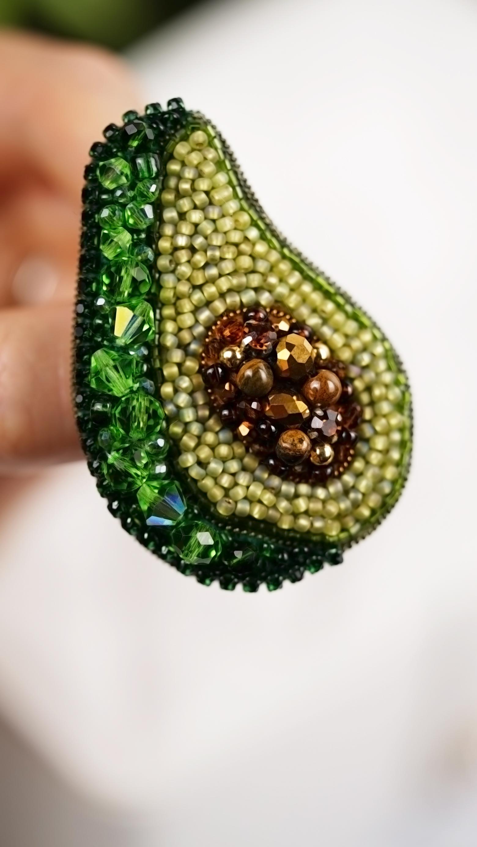 Handmade Avocado Beaded Brooch – Swarovski Crystal Beads – Fun Fruit Pin – Playful Statement Accessory – Gift for Foodie – Green Jewelry - Thumbnail 4