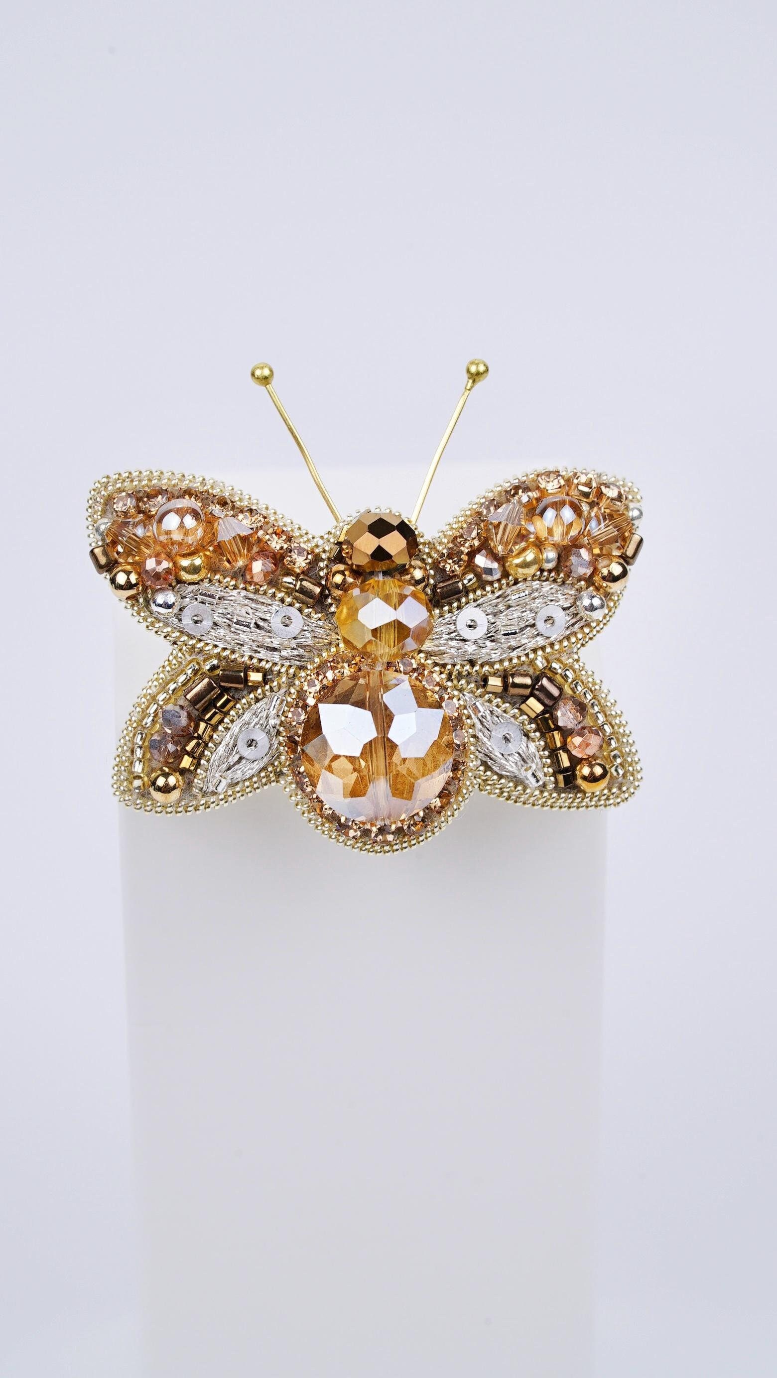 Honey Gold Butterfly Beaded Brooch – Handmade with Swarovski Crystals
