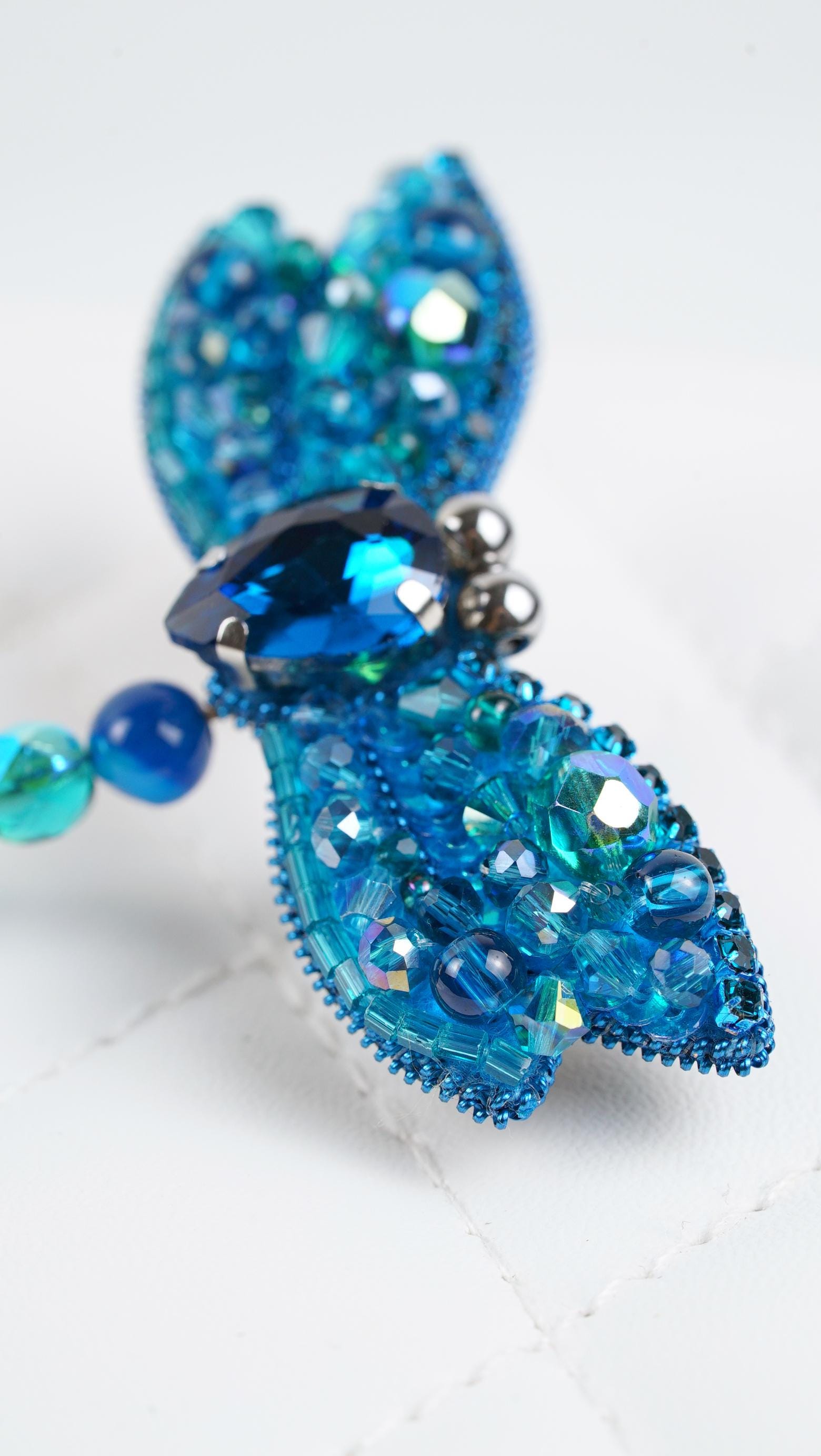 Aqua Blue Dragonfly Beaded Brooch – Handmade Beaded Jewelry – Swarovski Crystal Brooch – Statement Pin – Gift for Nature Lover - Thumbnail 5