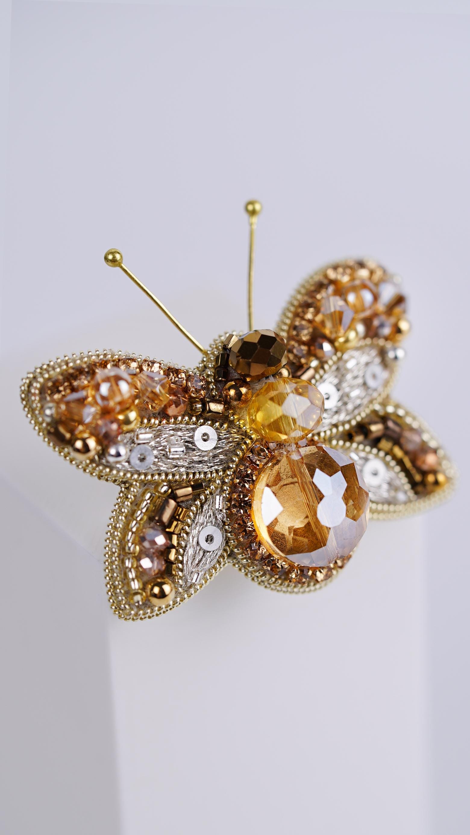 Honey Gold Butterfly Beaded Brooch – Handmade with Swarovski Crystals - Thumbnail 4