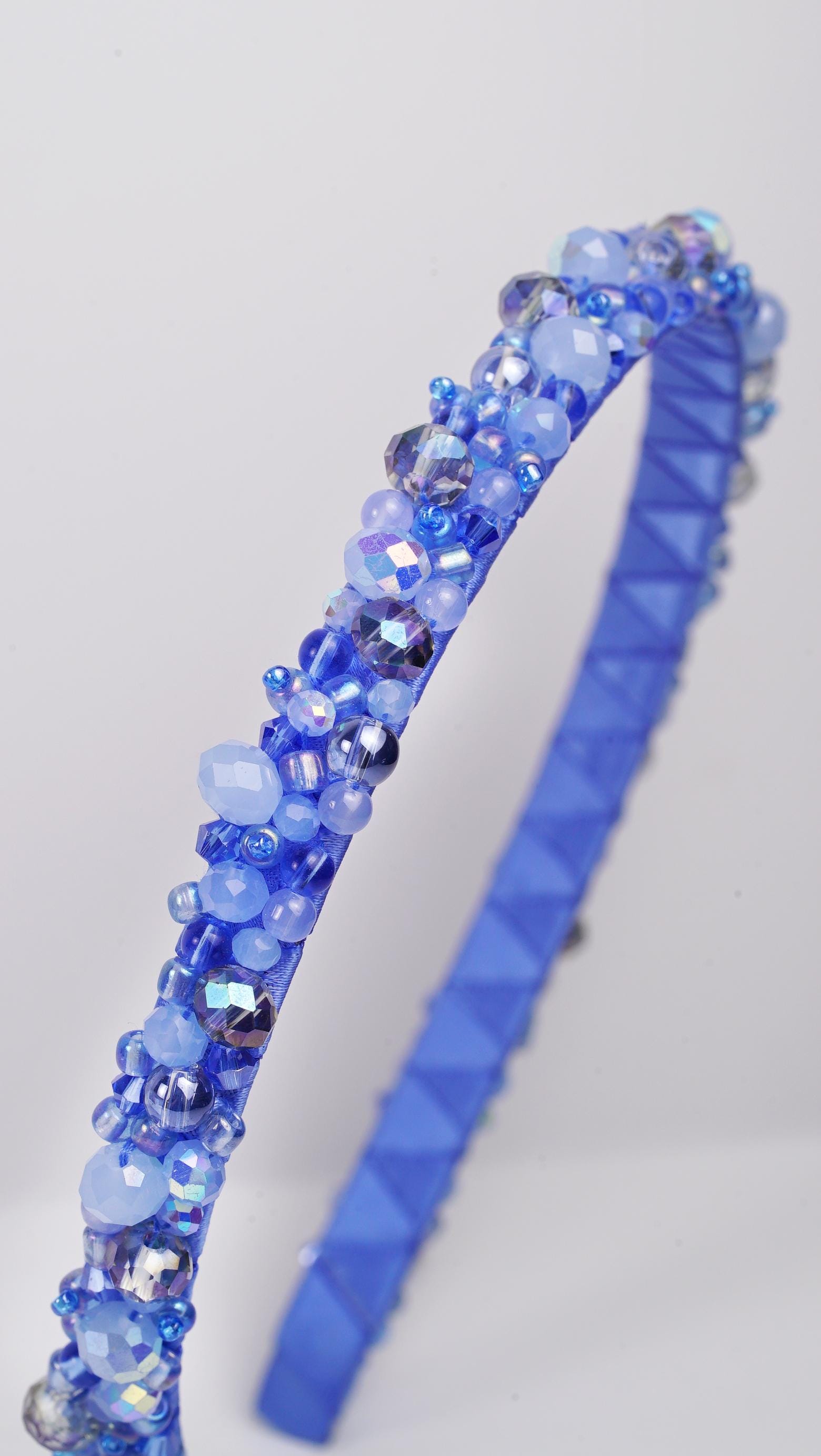 Sky Blue Beaded Headband – Handmade Satin Wrapped Crystal Headband, Sparkly Hair Accessory, Blue Beaded Hairband, Unique Gift for Her - Thumbnail 3