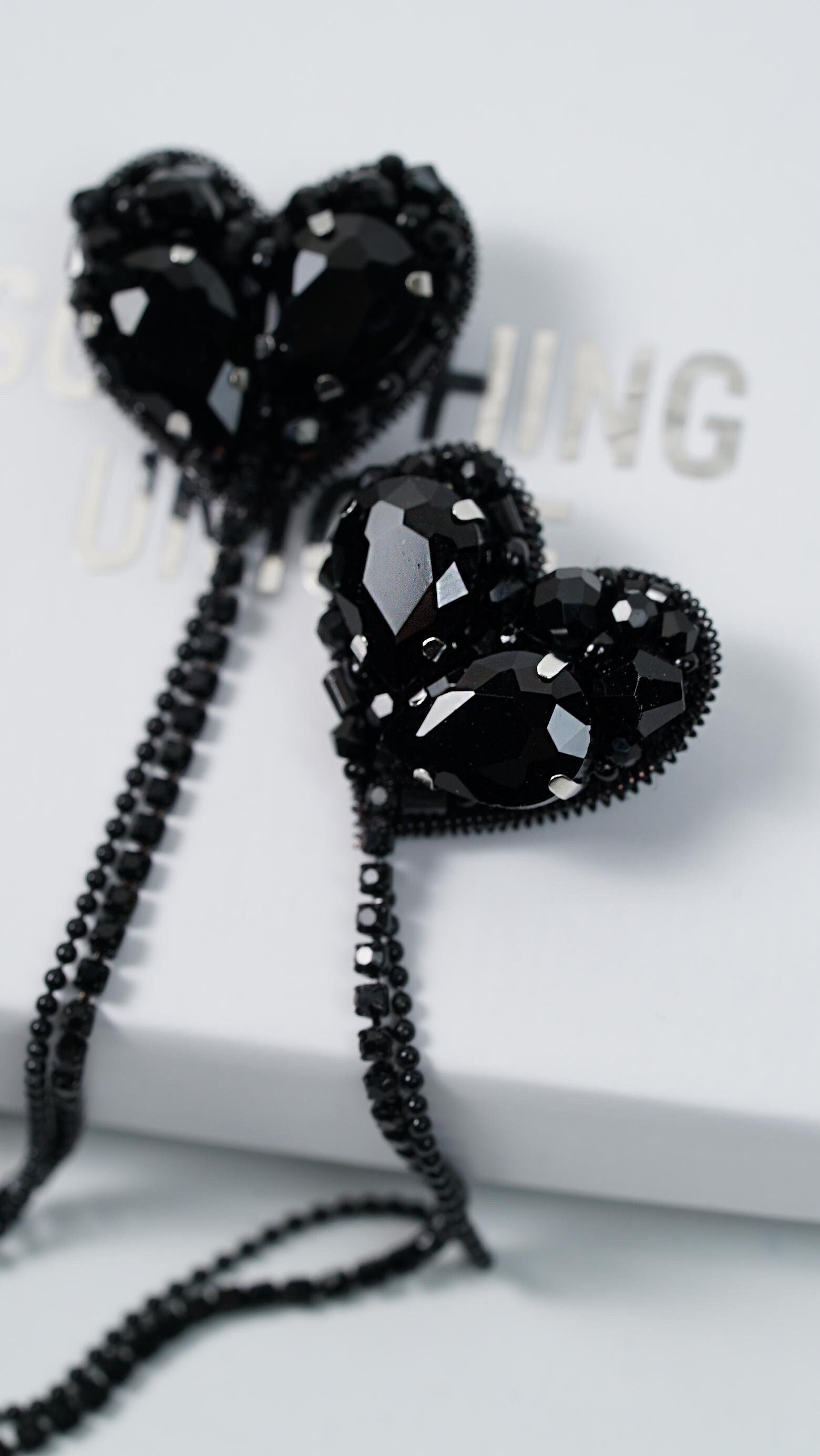 Two Hearts Connected Handmade beaded collar brooch with rhinestone chains and crystal beads - Thumbnail 2